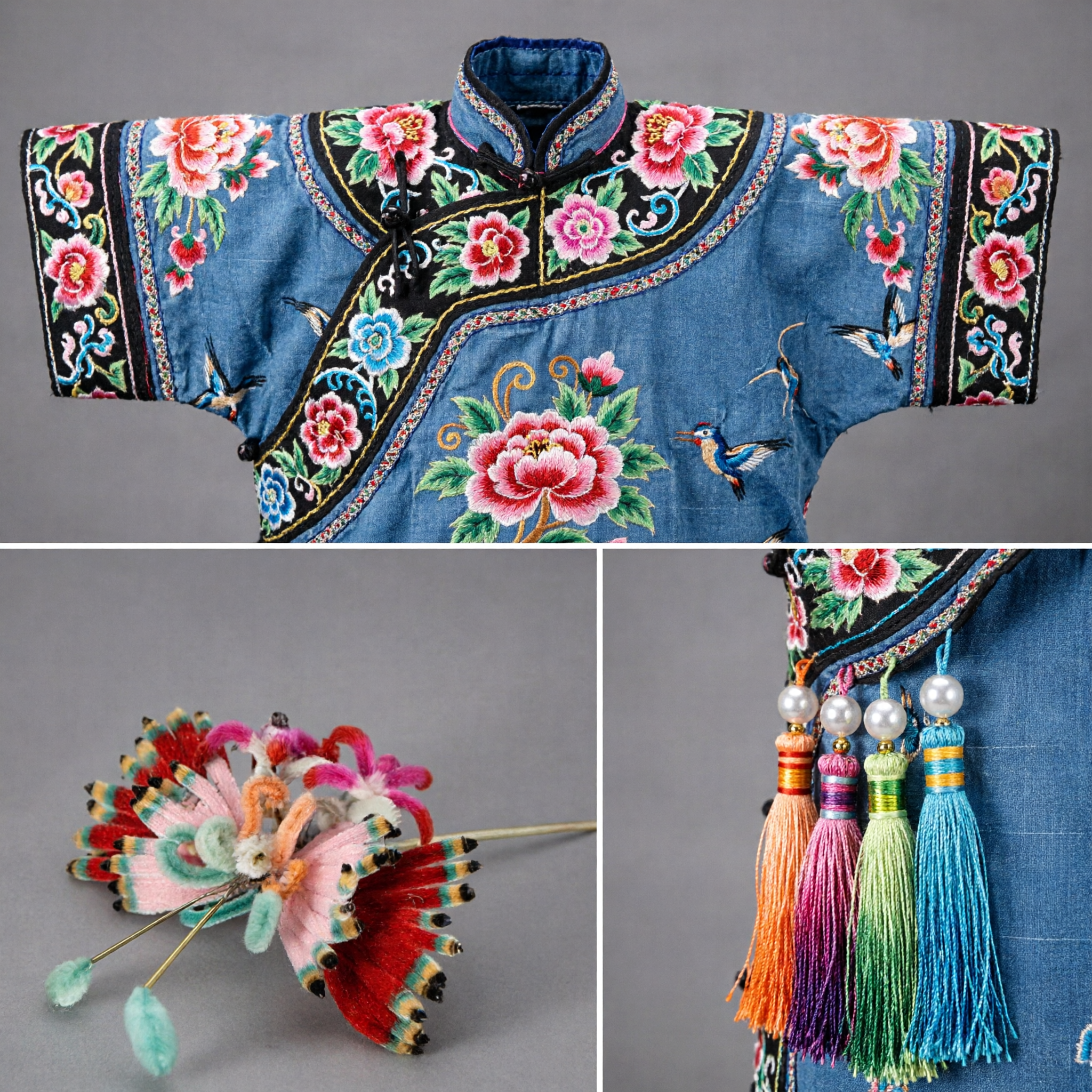 中国伝統ベルベット花簪 古代漢服 頭飾り 鳳凰尾髪スティック 女性用 - Asian Costume