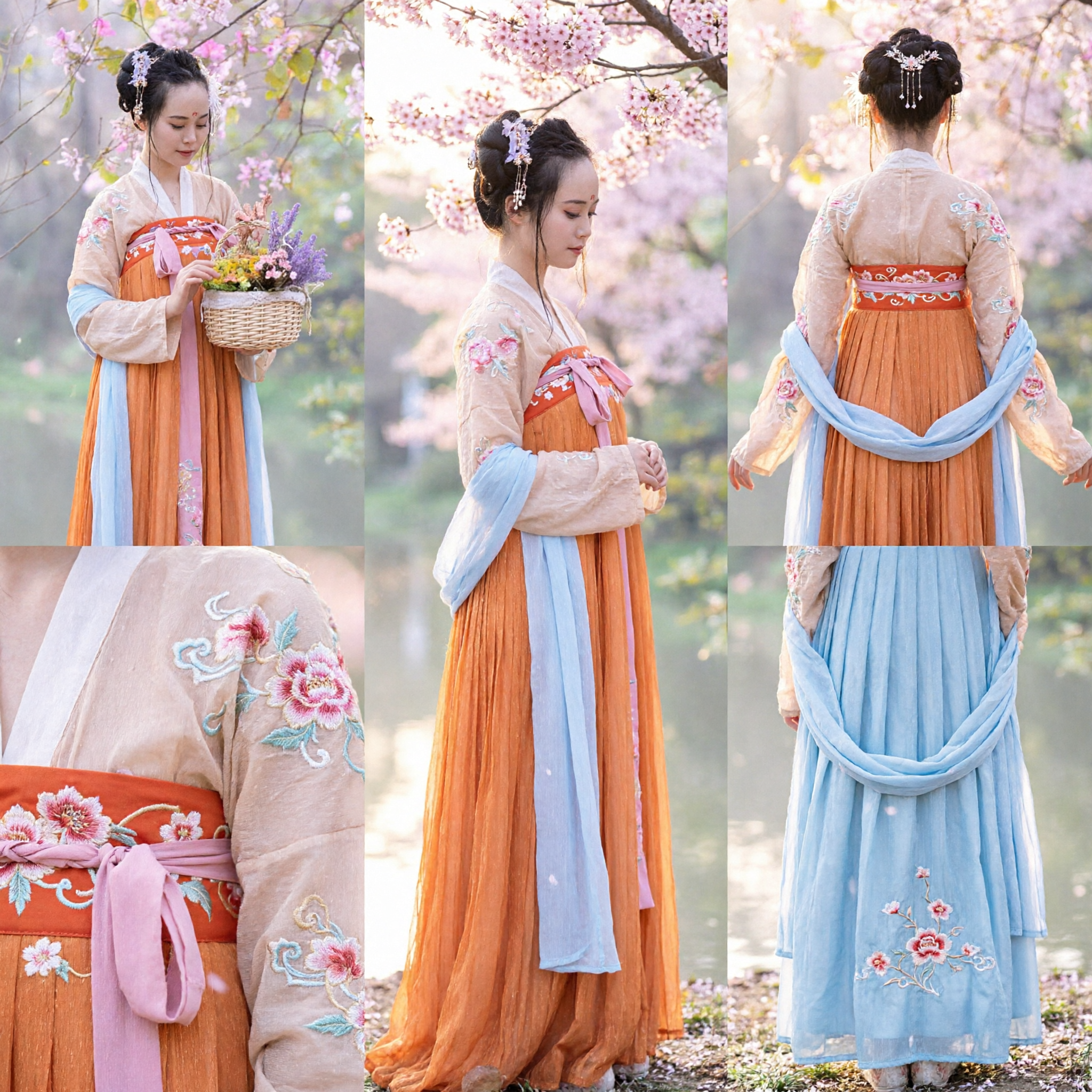Antikes chinesisches Hanfu-Kostüm im Tang-Dynastie-Stil, bestickte Bluse und orangefarbener langer Rock für Frauen - Asian Costume