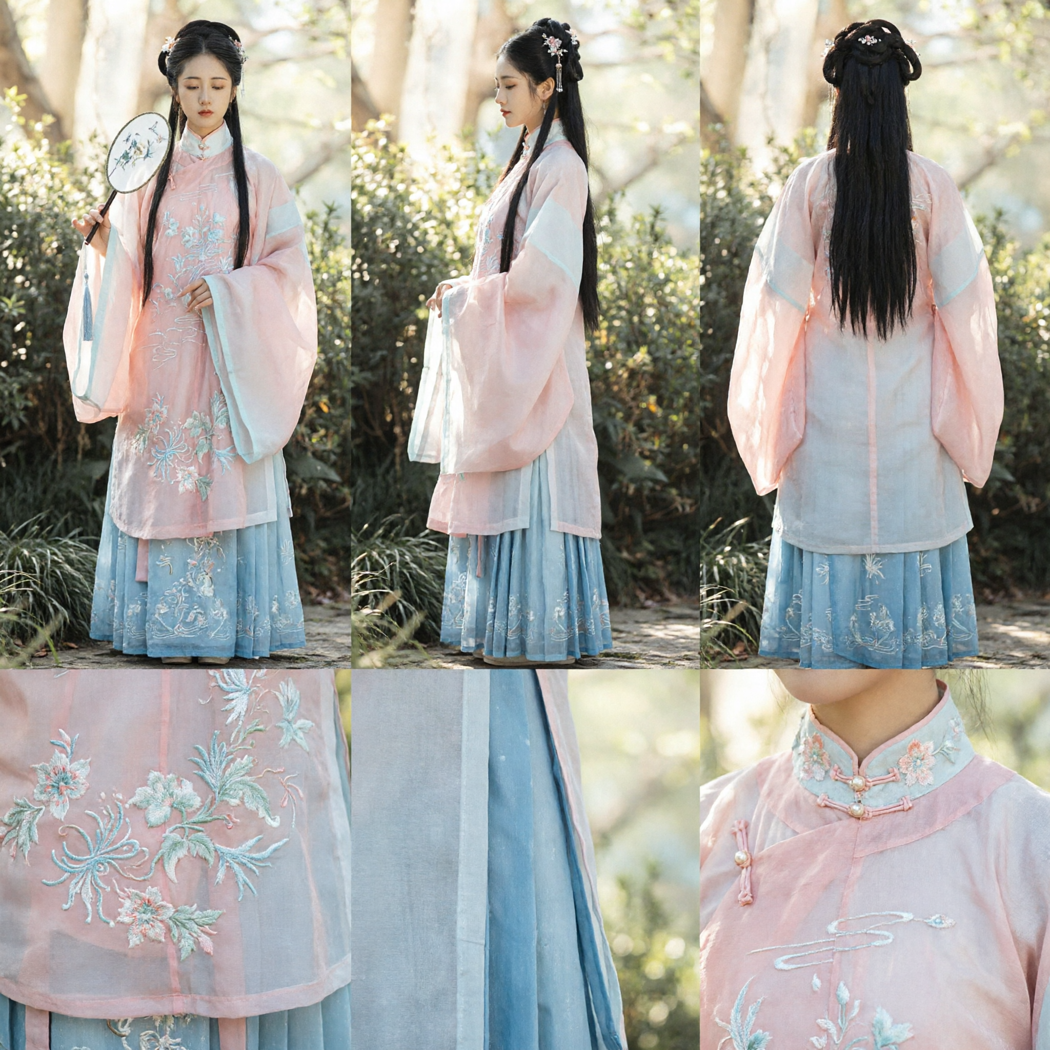 Elegante Traje Tradicional Chinês Hanfu Conjunto de Top com Gola Alta Bordado Floral Cor-de-Rosa e Saia Plissada Verde - Asian Costume