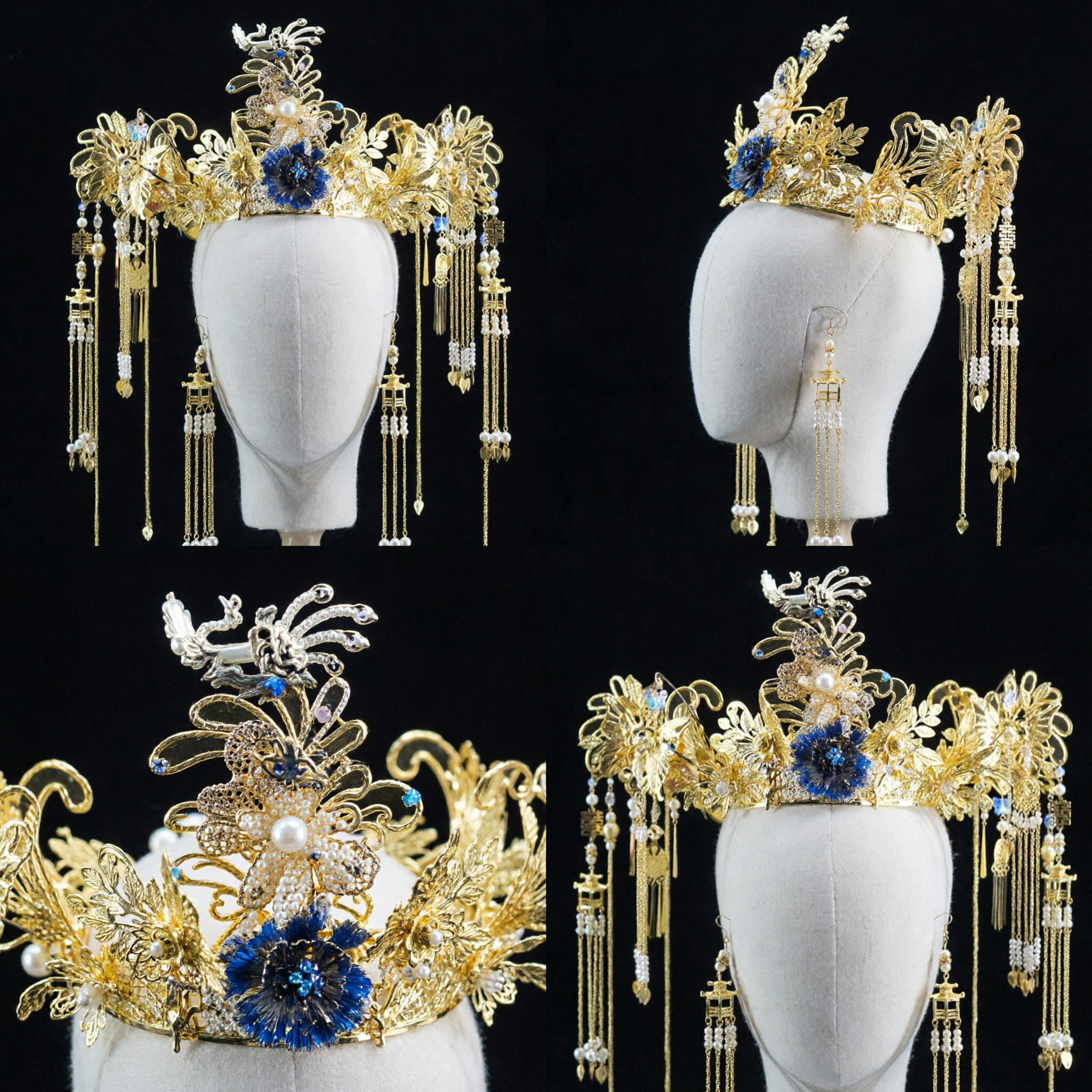 Wyszukana Złota Tradycyjna Chińska Fryzura z Feniksem Starożytny Nakrycie Głowy dla Panny Młodej na Wesele Hanfu - Asian Costume