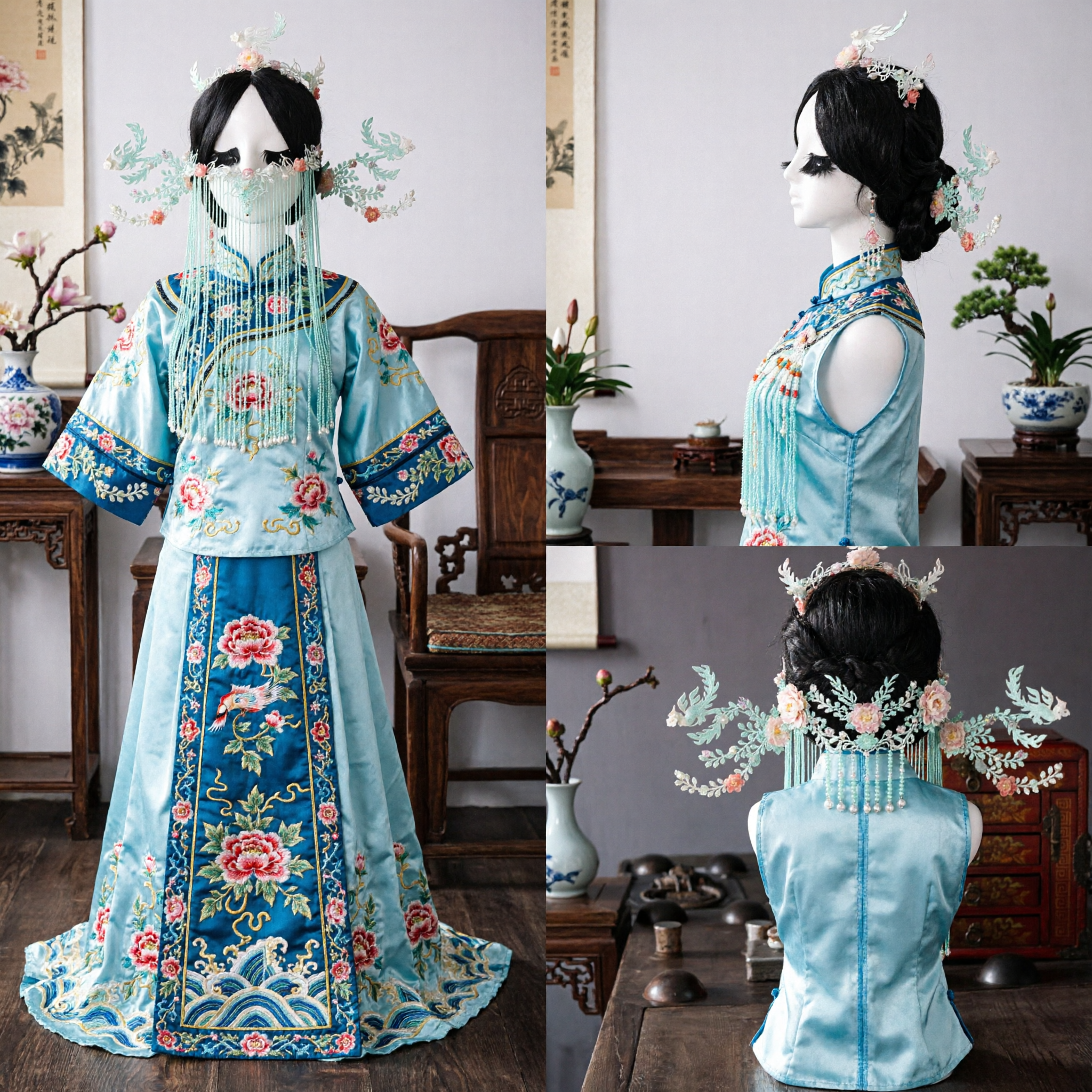 伝統中国漢服ヘアアクセサリーセット 古代姫冠 長い房フリンジと花飾り付き 女性用 - Asian Costume