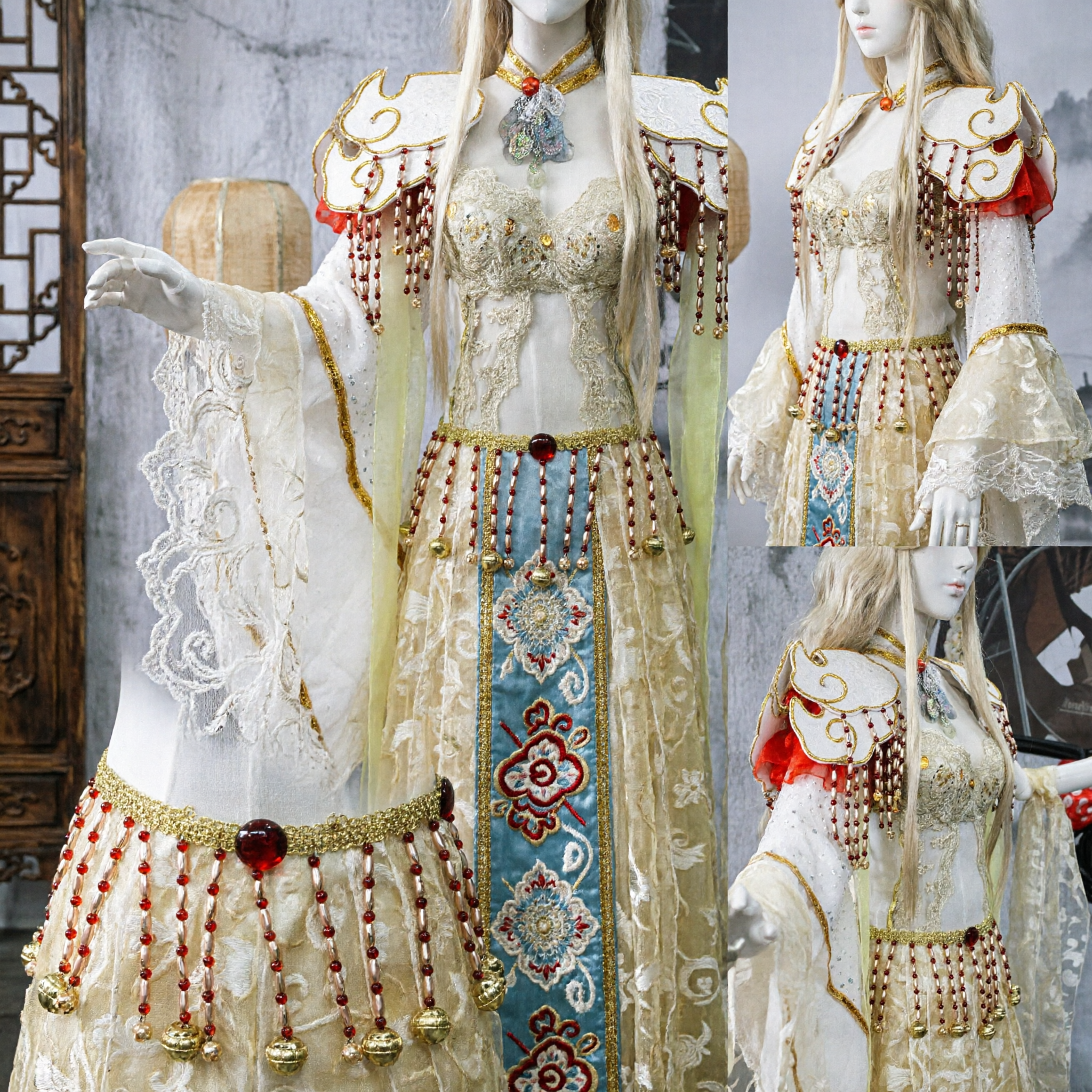 Elegante Costume da Fata cinese Hanfu bianco e oro con Nappe perline per Donne Cosplay e Performance - Asian Costume