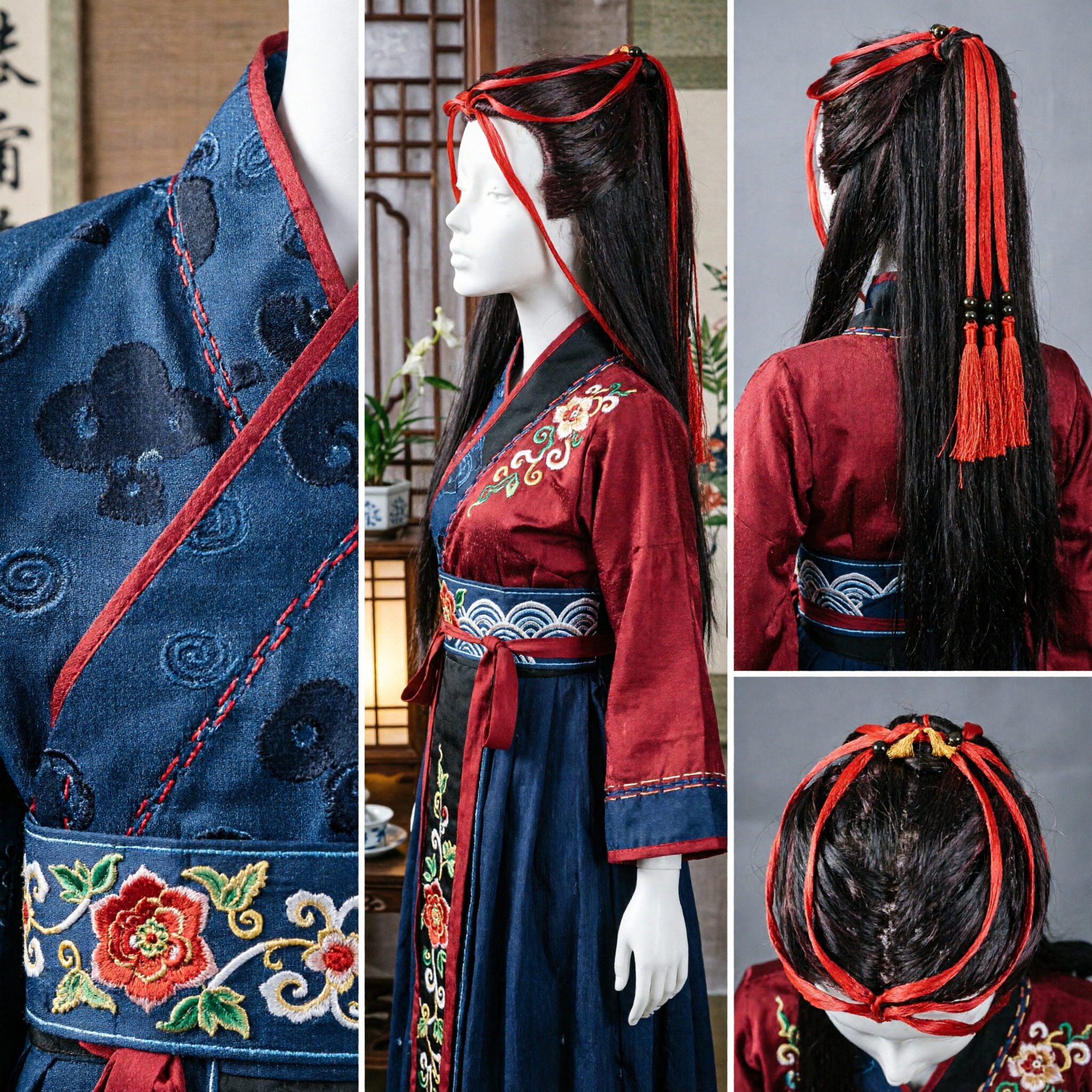 Traditionele Chinese Oude Pruik Lang Zwart Haar Rode Lint Haarstuk voor Hanfu Cosplay Wuxia Drama - Asian Costume