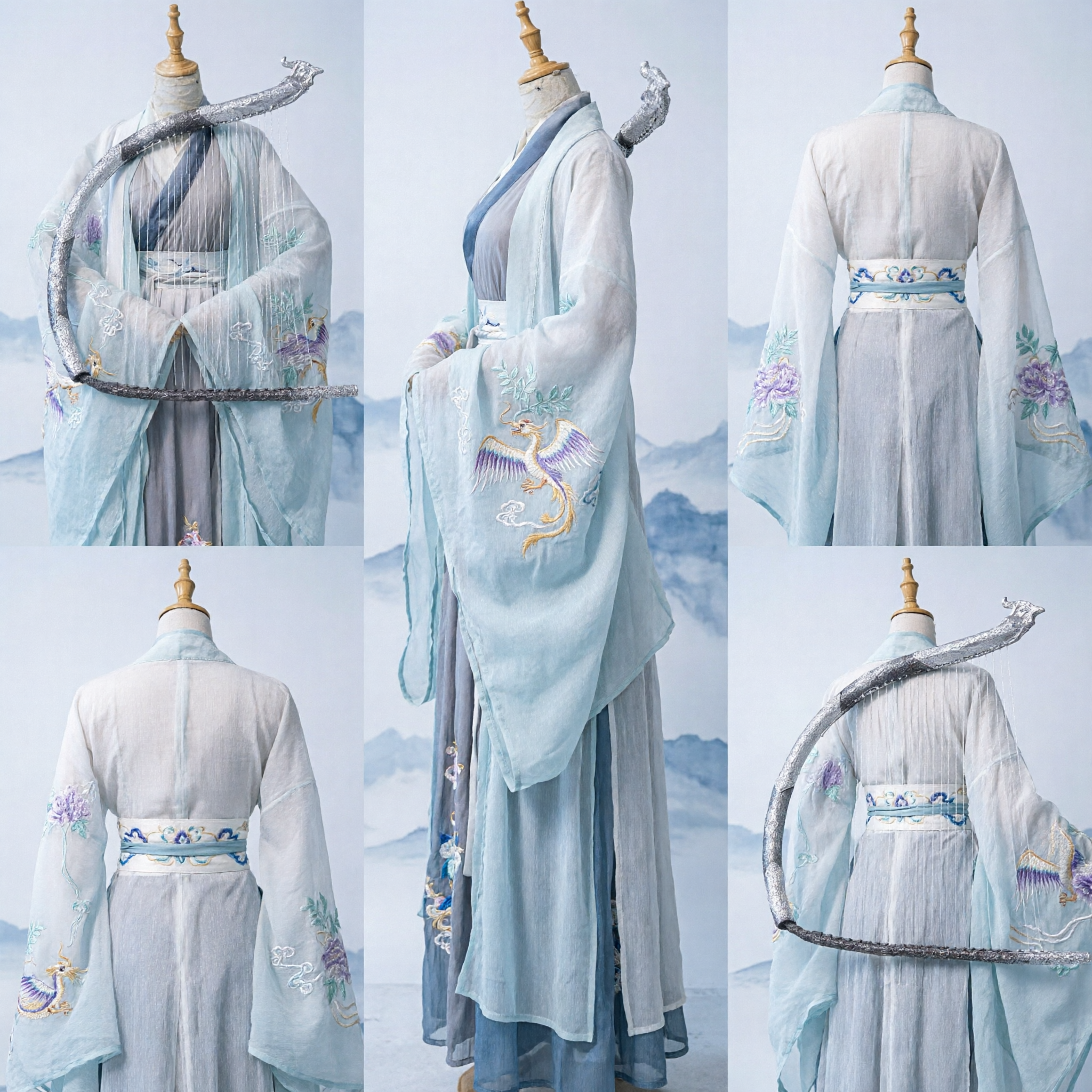 Prop Guqin antica cinese con Testa di Drago d'argento per Cosplay Wuxia e Performance tradizionale Hanfu sul palco - Asian Costume