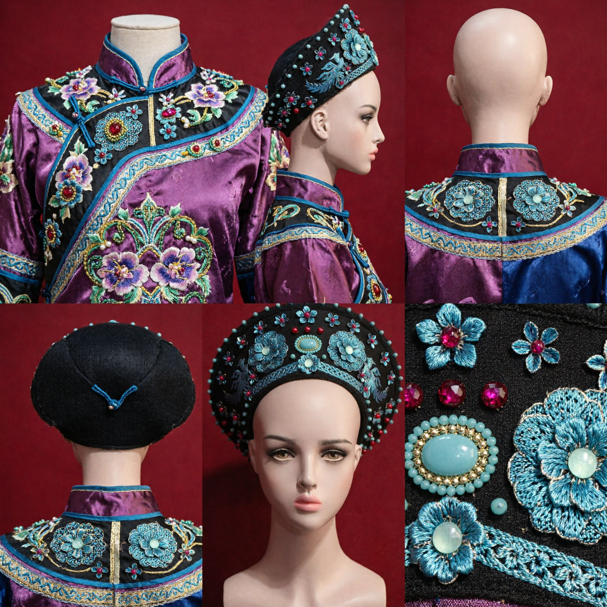 Traditionele Chinese Qing Dynastie Mantsjoe Keizerin Hoofdtooi Blauwe Bloemenborduursel Haaraccessoires voor Vrouwen Cosplay Podiumoptreden - Asian Costume