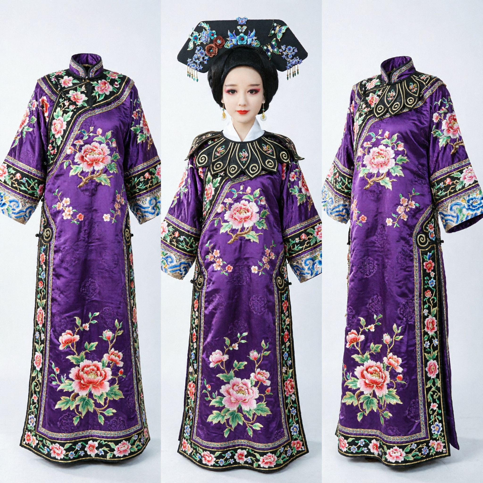 Traditionele Chinese Qing Dynastie Mantsjoe Keizerin Hoofdtooi Grote Zwarte Vleugel Haarstuk met Bloemenjuwelen voor Cosplay - Asian Costume