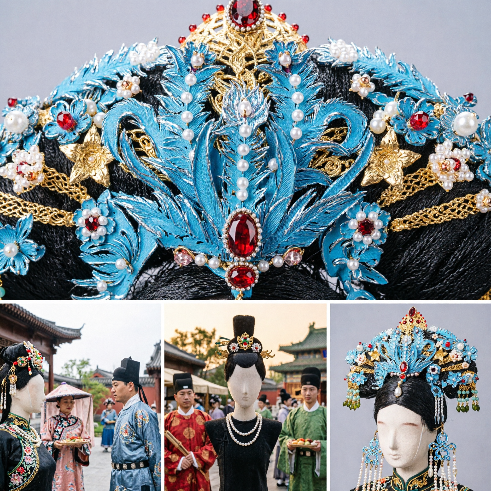 Coroa de Fênix Azul Tradicional Chinesa, Tiara de Casamento Antiga de Imperatriz, Acessório de Cabelo para Hanfu de Noivas - Asian Costume