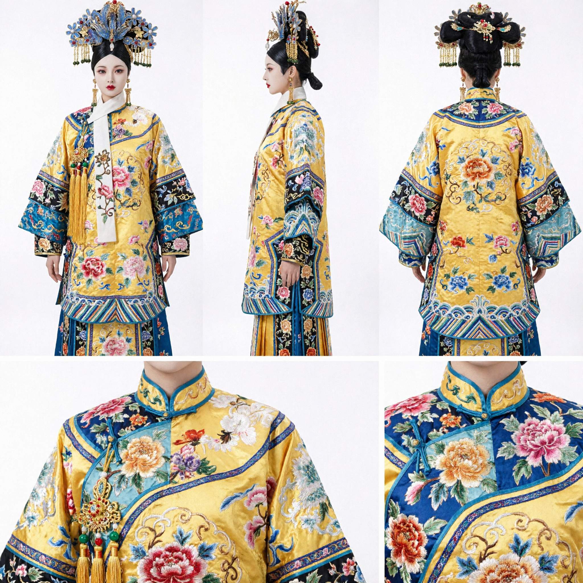 정교한 전통 중국 청나라 황후 청색 봉황 관 (물총새 깃털 머리장식, 고대 궁전 코스프레용) - Asian Costume