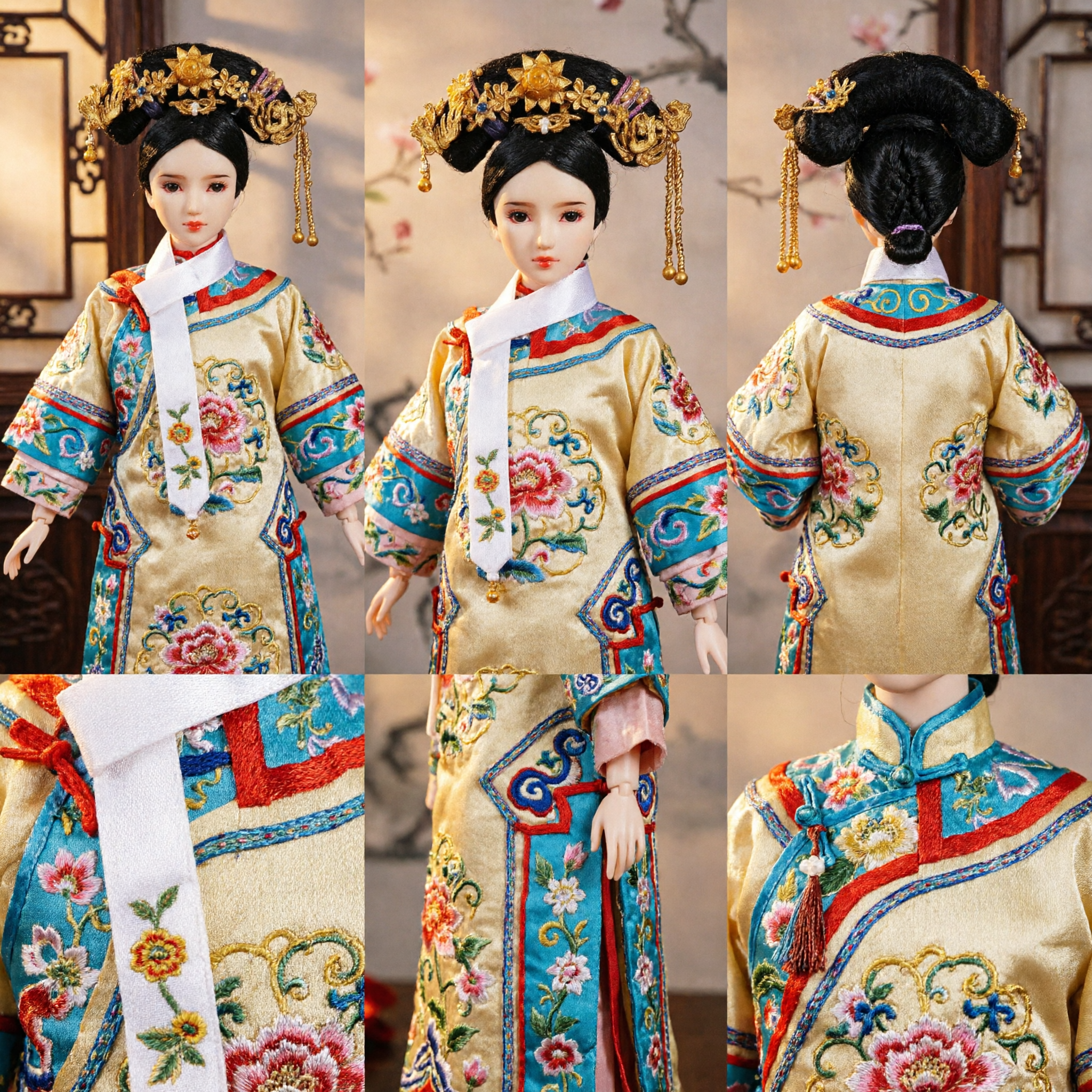 Couronne de tête ancienne chinoise mandchoue en phénix de la dynastie Qing, ornement capillaire en or pour poupées et costume traditionnel - Asian Costume