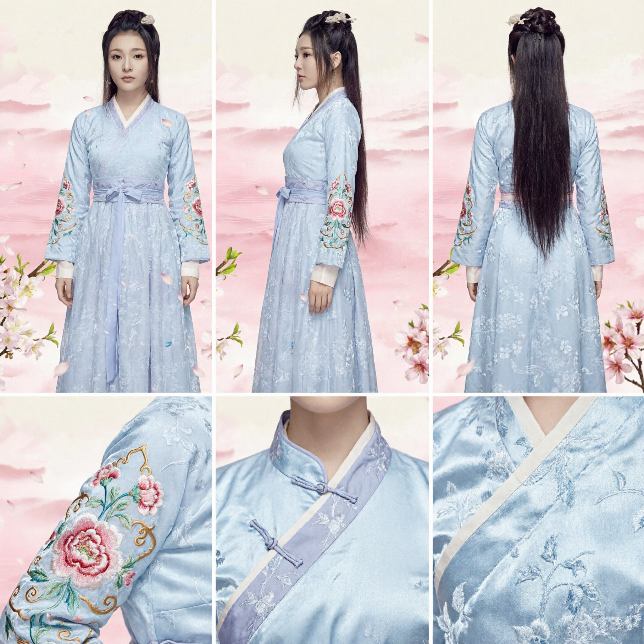 고대 중국 공주 코스튬 연청색 한푸 드레스 (여성 전통 선협(仙俠) 여검사 복장) - Asian Costume