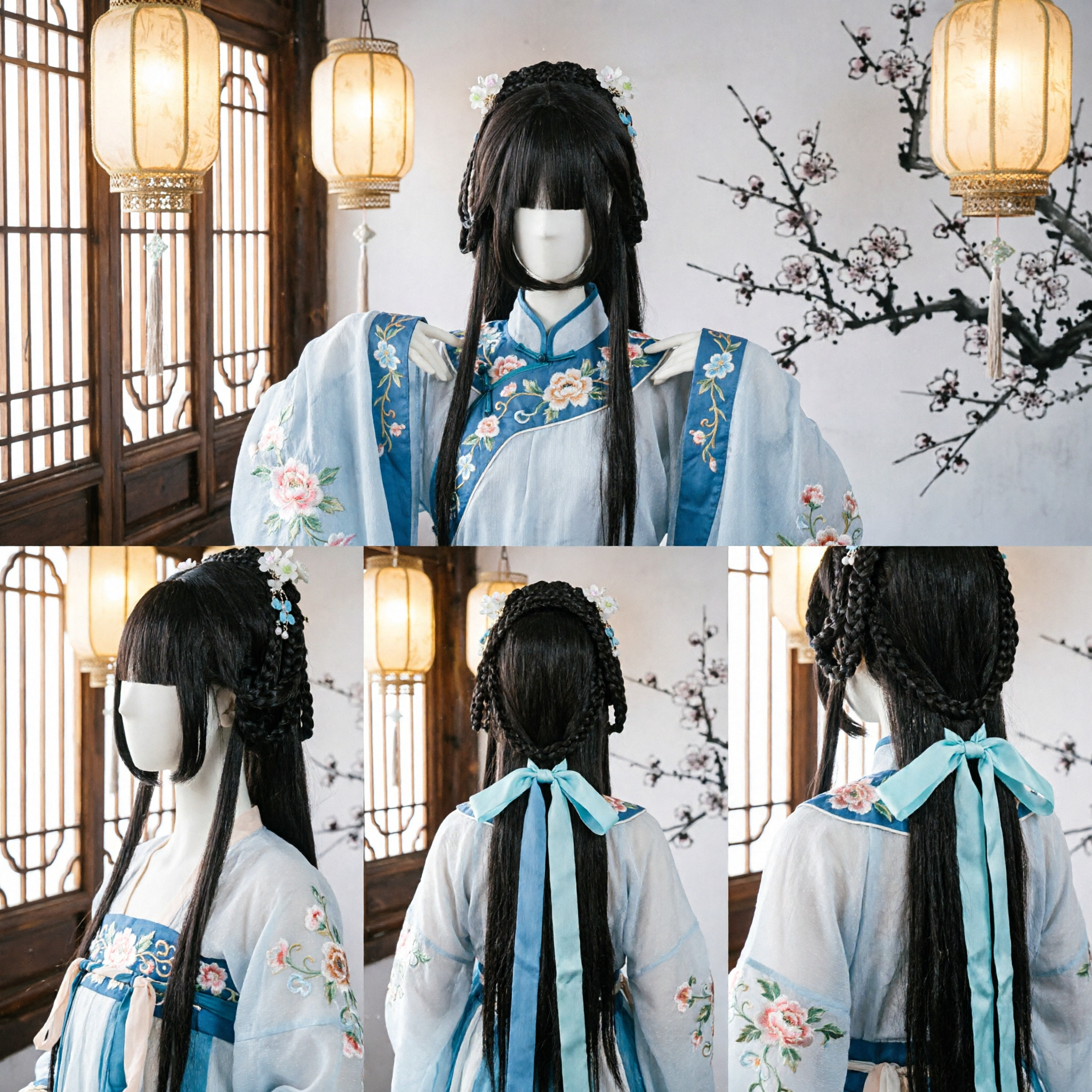 باروكة أميرة صينية قديمة، قطعة شعر هانفو تقليدية مضفرة سوداء مع إكسسوارات زهرية للنساء، لارتداء الأزياء التنكرية - Asian Costume