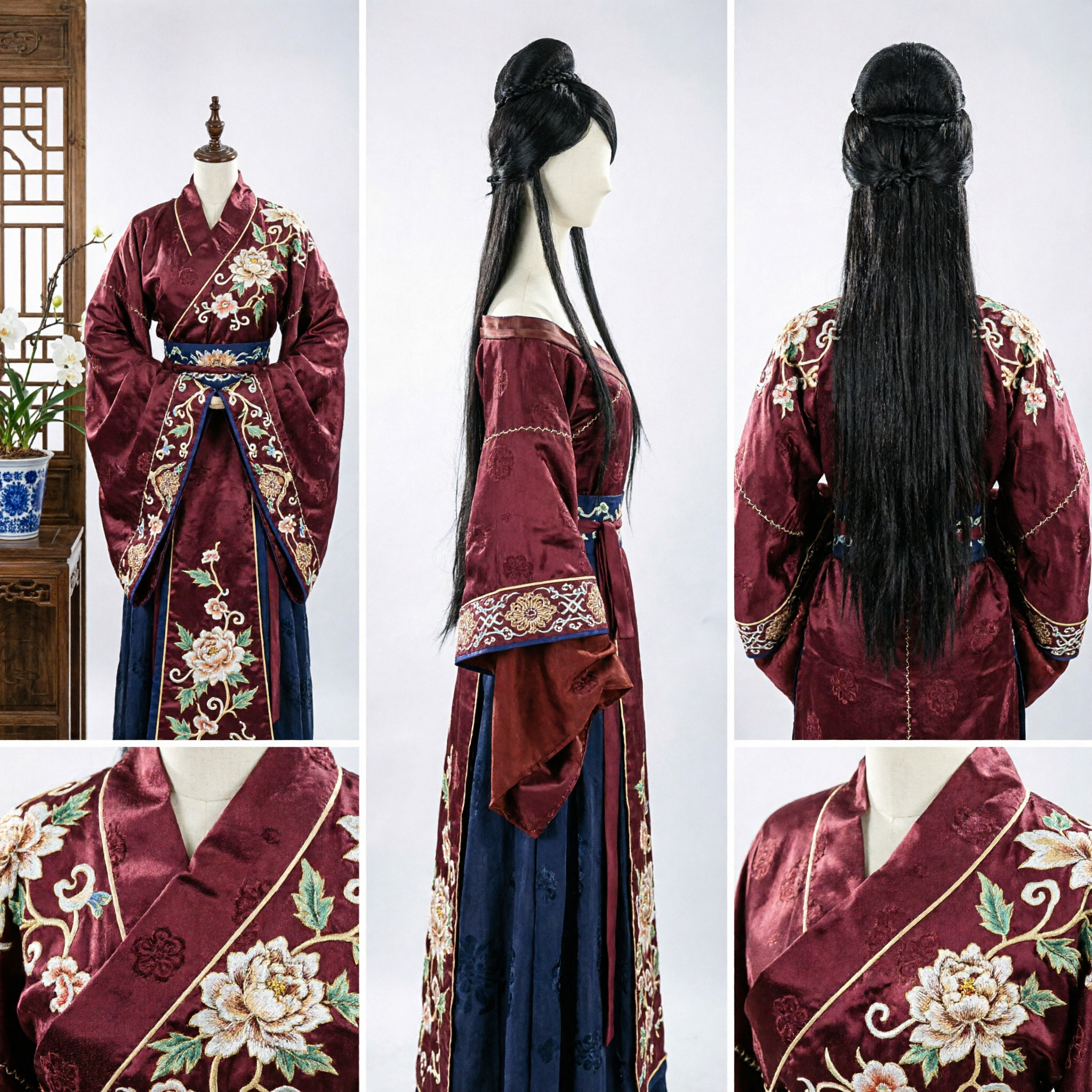 Peluca Hanfu Antigua China Pelo Largo Negro Liso con Moño Trenzado Traje Tradicional Cosplay para Mujer - Asian Costume