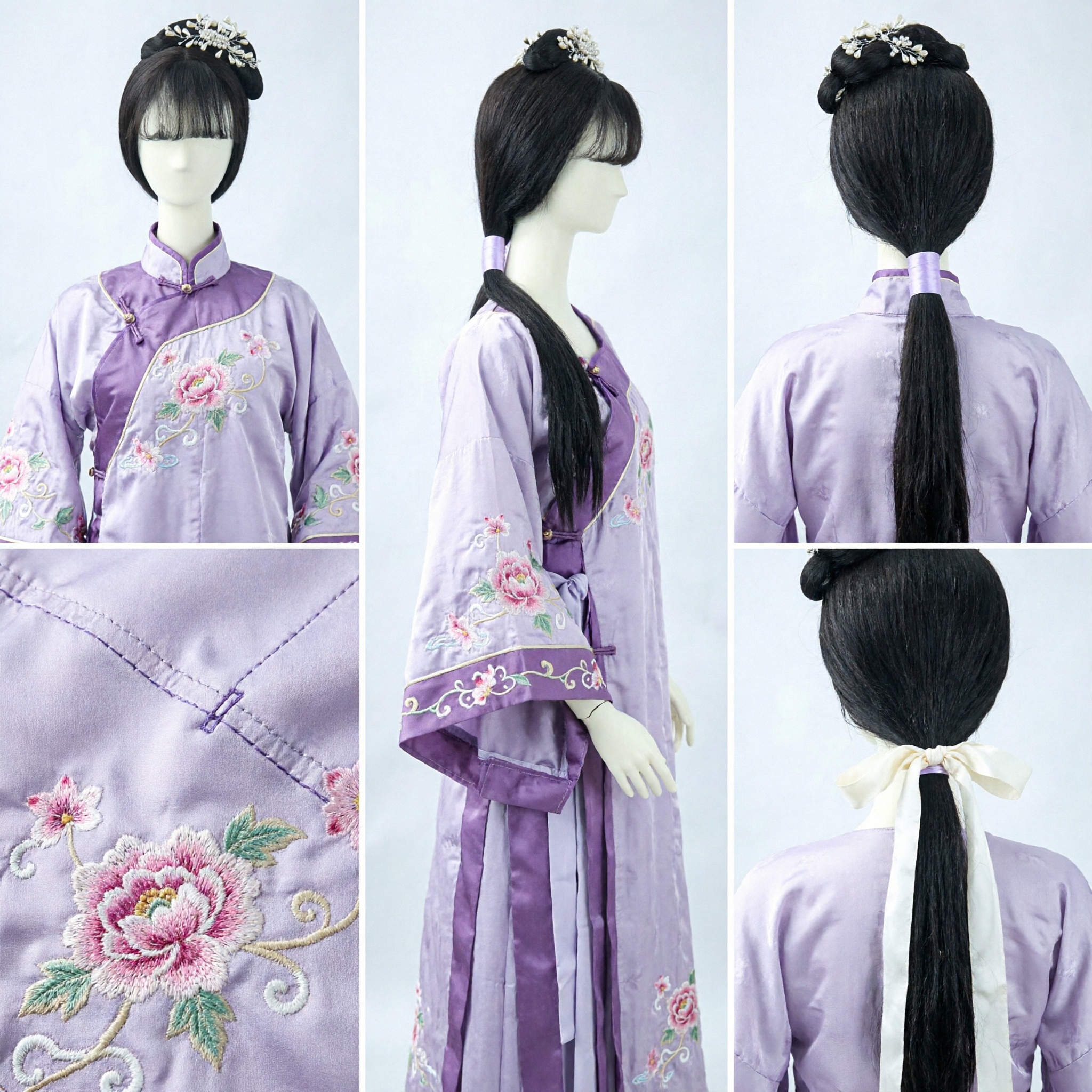 باروكة أميرة صينية قديمة مع شعر أمامي ودبوس شعر باللؤلؤ لزي هانفو التقليدي التنكري للنساء - Asian Costume