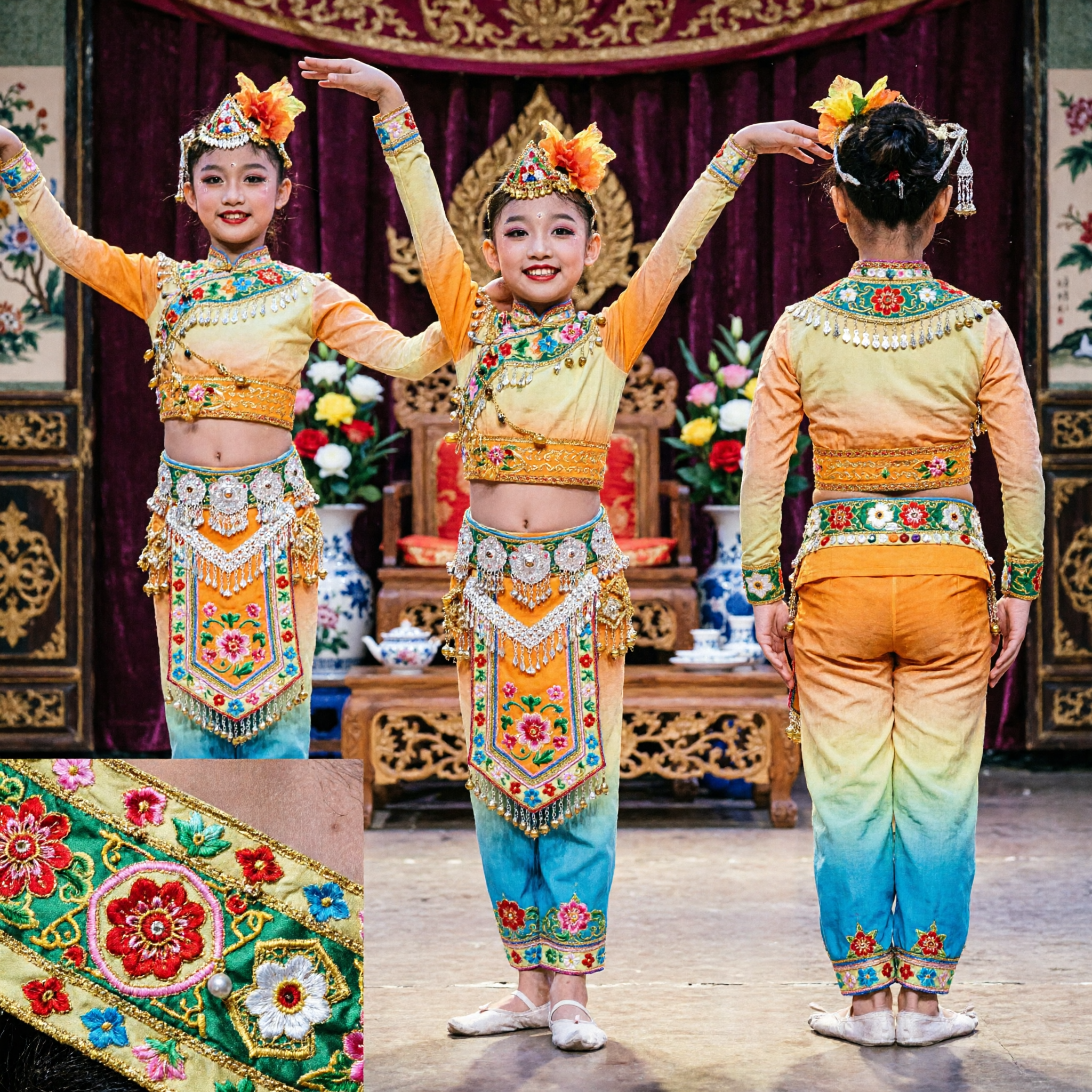 Dziecięcy kostium tańca Pawia mniejszości Dai, żółty strój sceniczny z cekinami dla dziewczynek - Asian Costume