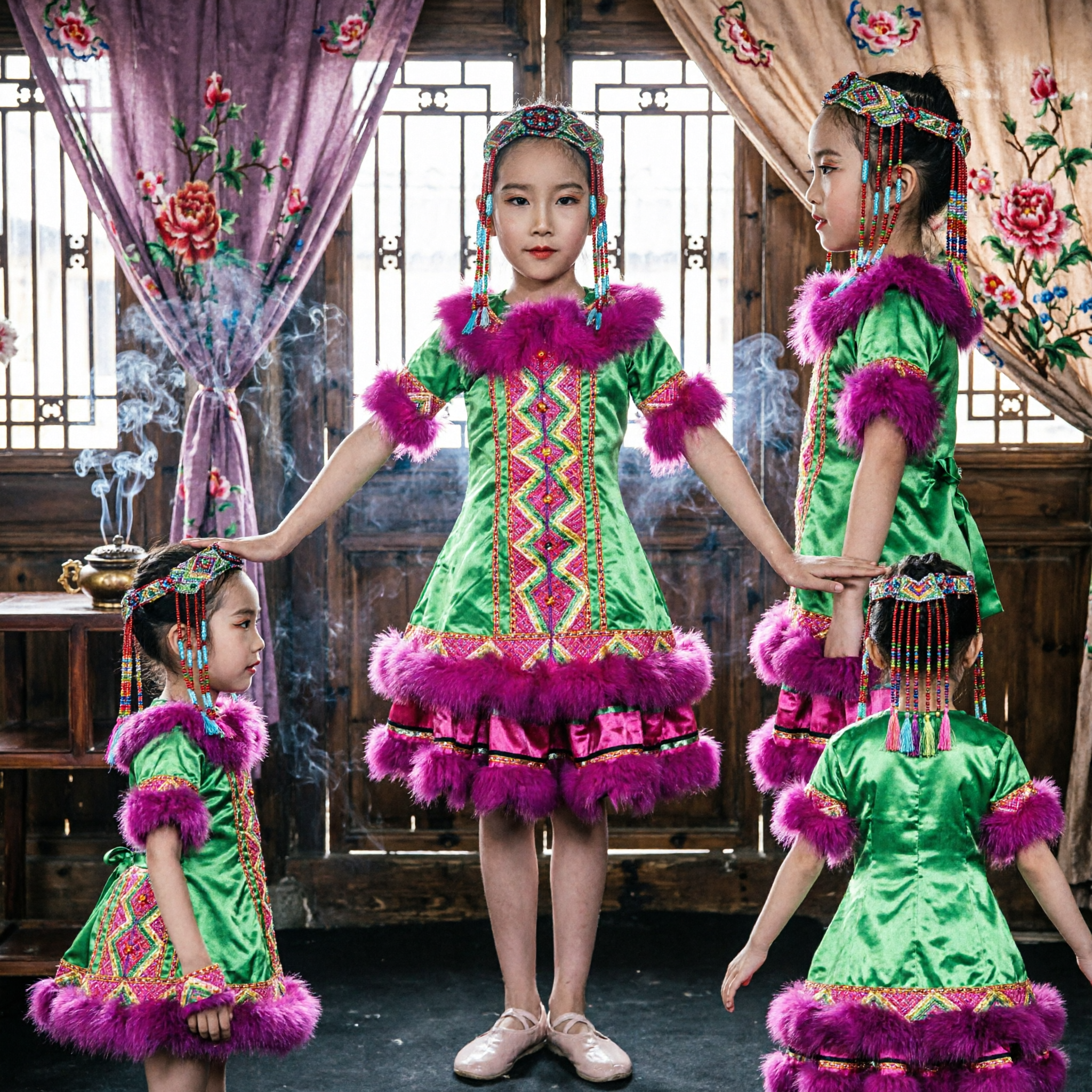 Costume da Danza Etnica Miao per Bambini, Vestito Folk in Seta Verde con Copricapo per Spettacoli - Asian Costume