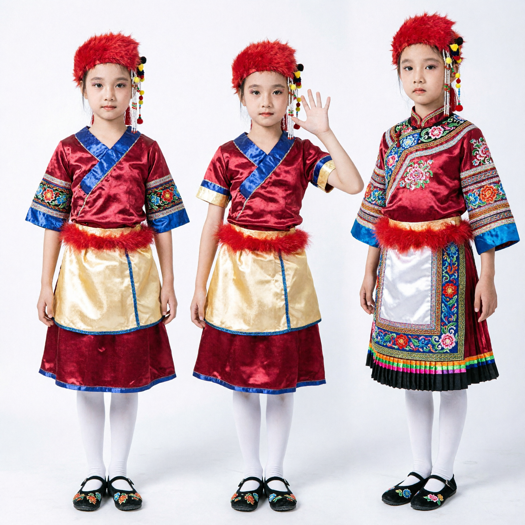 Costume da Danza Folk Tradizionale Cinese per Bambine, Abito Rosso e Oro per Danza Yangge su Palco - Asian Costume