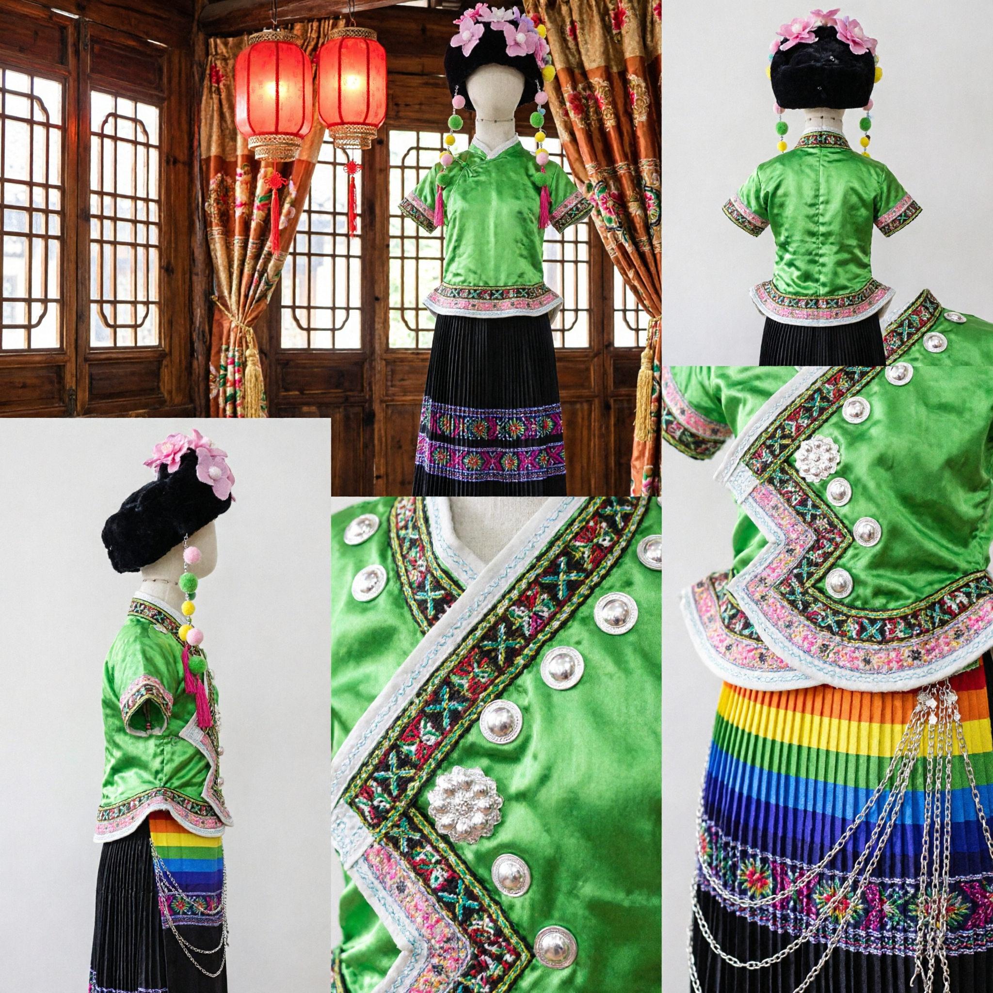 Traje de Danza Verde de la Minoría Miao para Niñas, con Tocado Floral y Joyería de Plata - Asian Costume