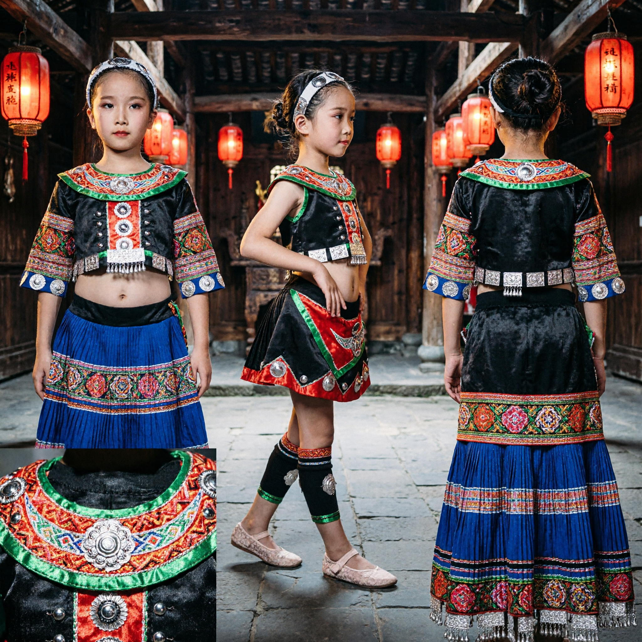 Traje de Danza Folclórica de la Minoría Miao para Niñas, Atuendo para Presentación Escénica con Bordado Plateado - Asian Costume
