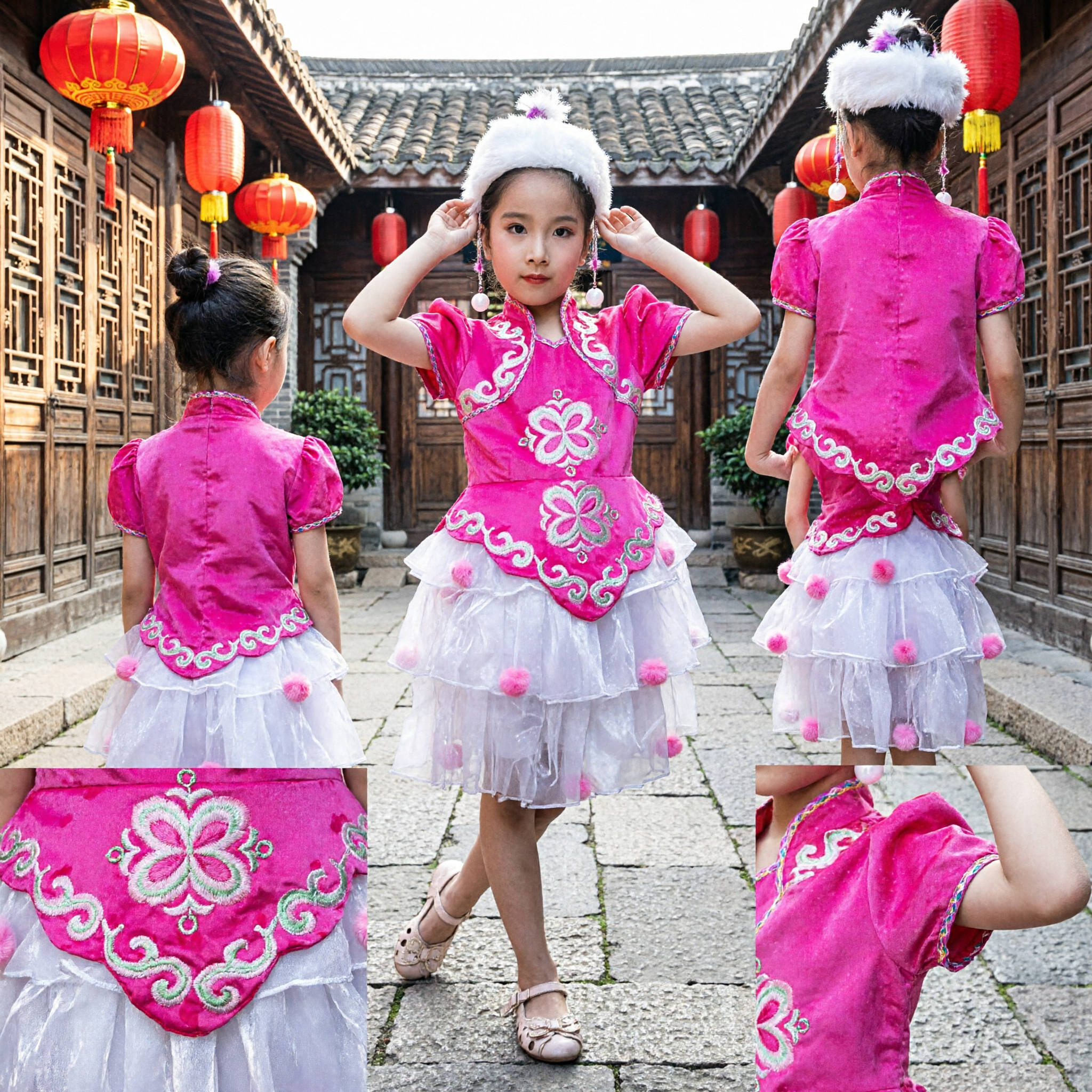 Traje de Dança Folclórico Chinês Rosa para Meninas Crianças Vestuário Tradicional para Performance de Dança Yangge no Palco - Asian Costume