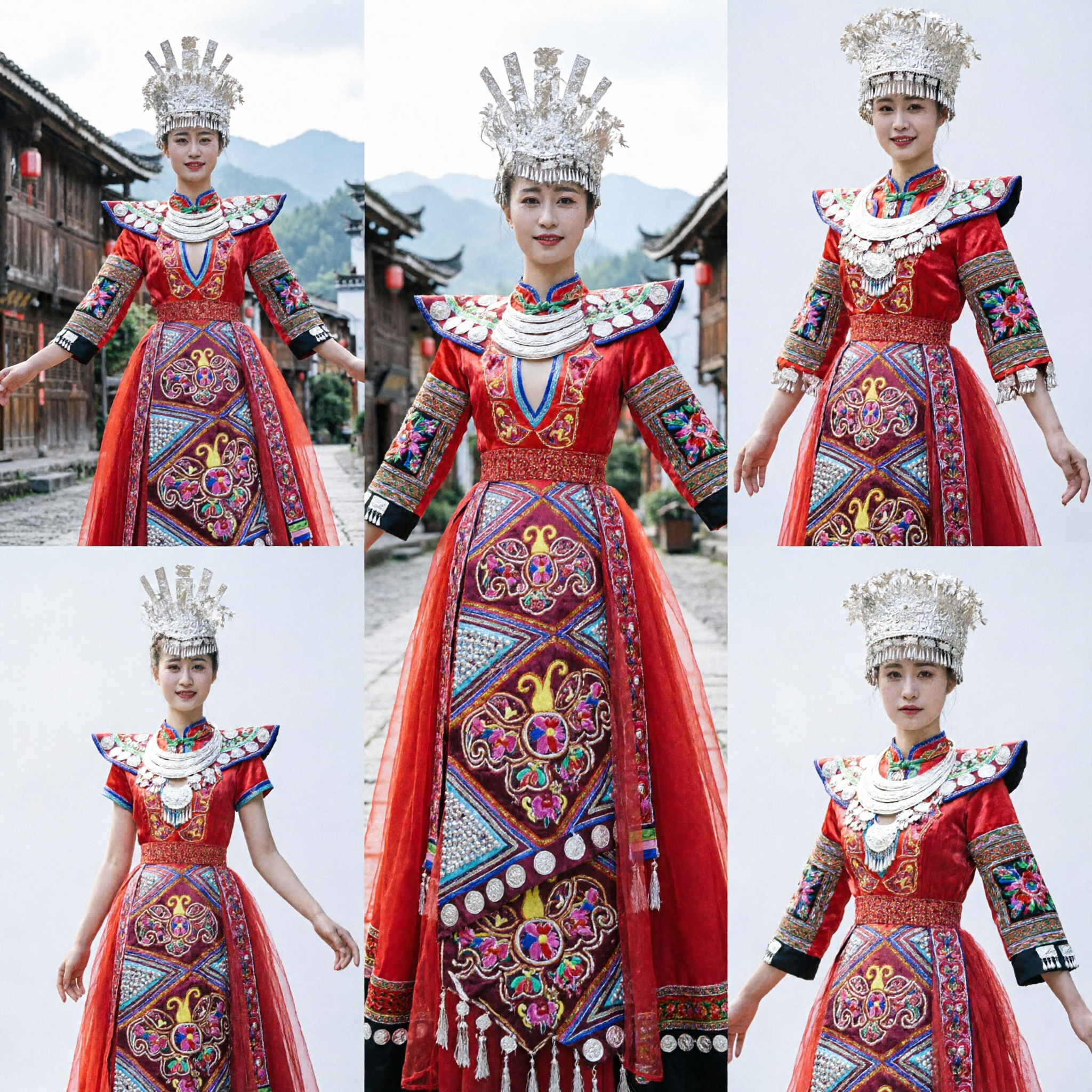 Costume della Nazionalità Miao Tradizionale Cinese, Vestito Rosso da Danza Folk per Spettacoli con Copricapo d'Argento - Asian Costume