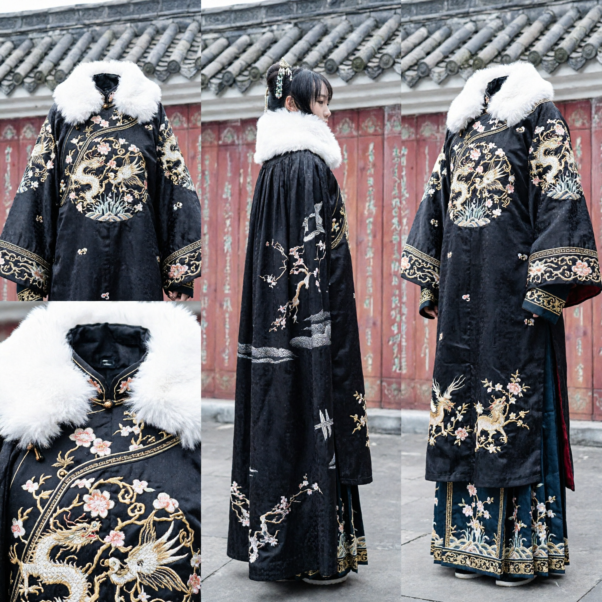 Mantello invernale tradizionale cinese Hanfu Nero con Collo di Pelliccia Bianca e Disegno di Fiori di Prugno Inchiostrati per Adulti - Asian Costume