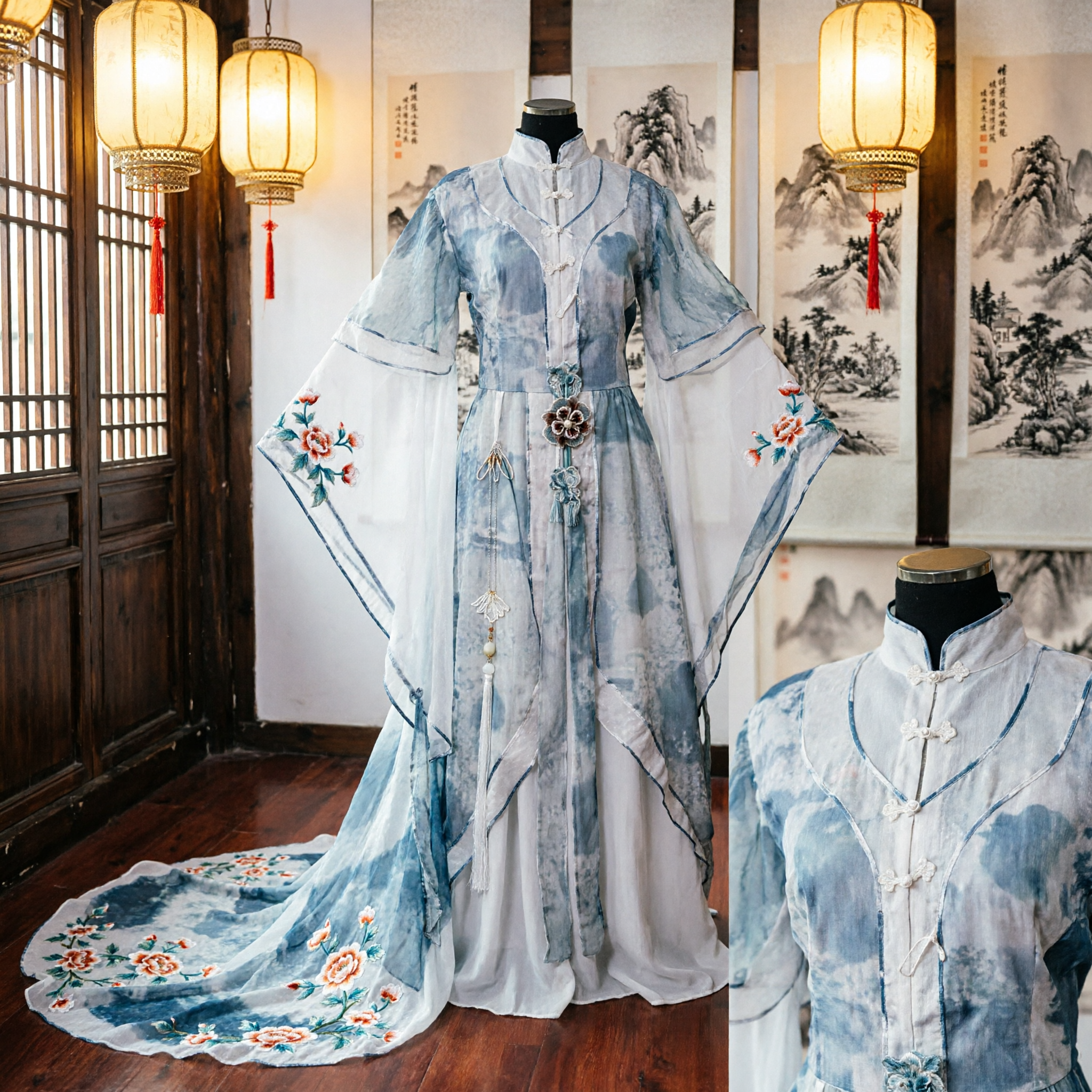 Traditionelles chinesisches Hanfu Antikes Feenkleid blaues Tuschewaschenmuster Weitarmkostüm für Frauen Cosplay - Asian Costume