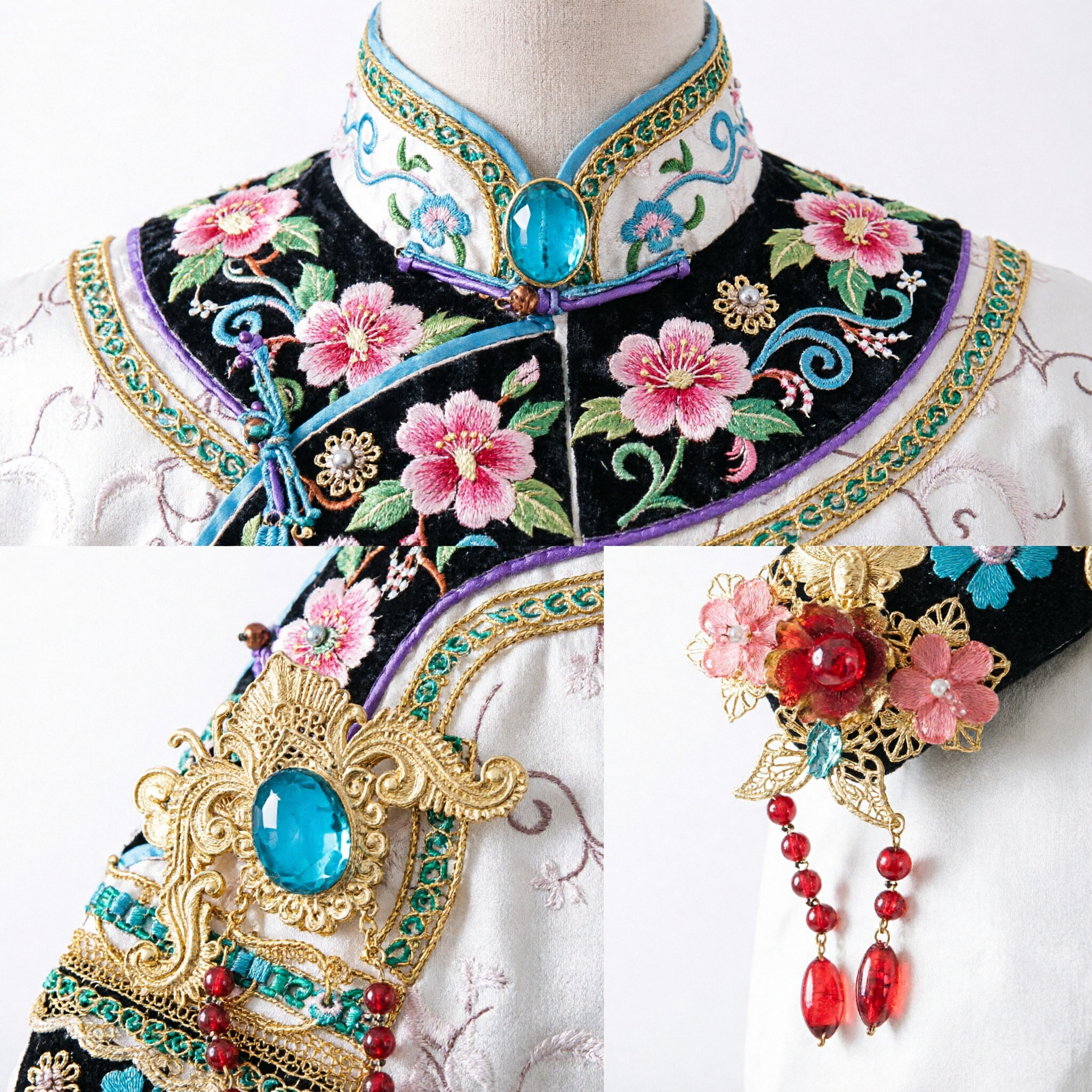 Copricapo tradizionale cinese Hanfu Corona di Fiori in Filigrana Dorata con Cristalli Blu Accessorio per Capelli per Sposa - Asian Costume