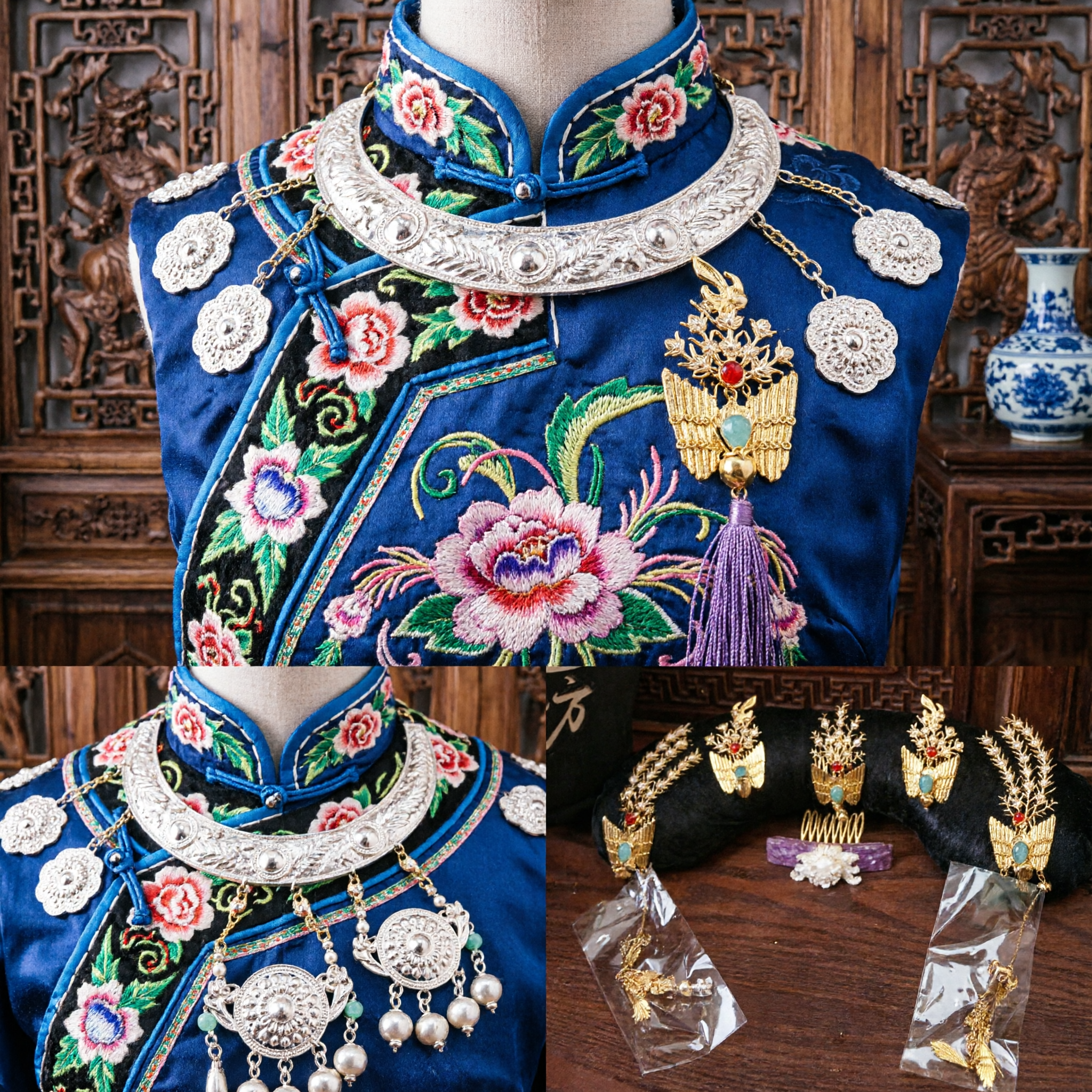 مجموعة إكسسوارات شعر الفينيق الذهبي الصينية القديمة - غطاء رأس الهانفو التقليدي لزي عروس الزفاف للنساء - Asian Costume