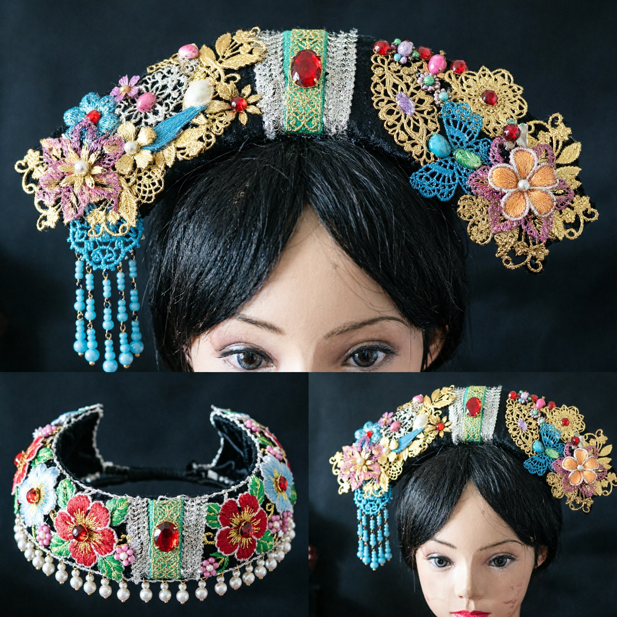 Traditionelle chinesische Qing-Dynastie Mandschu-Prinzessinnen-Kopfschmuck goldene Blumen-Haarnadel-Krone für Frauen Cosplay-Kostüm - Asian Costume