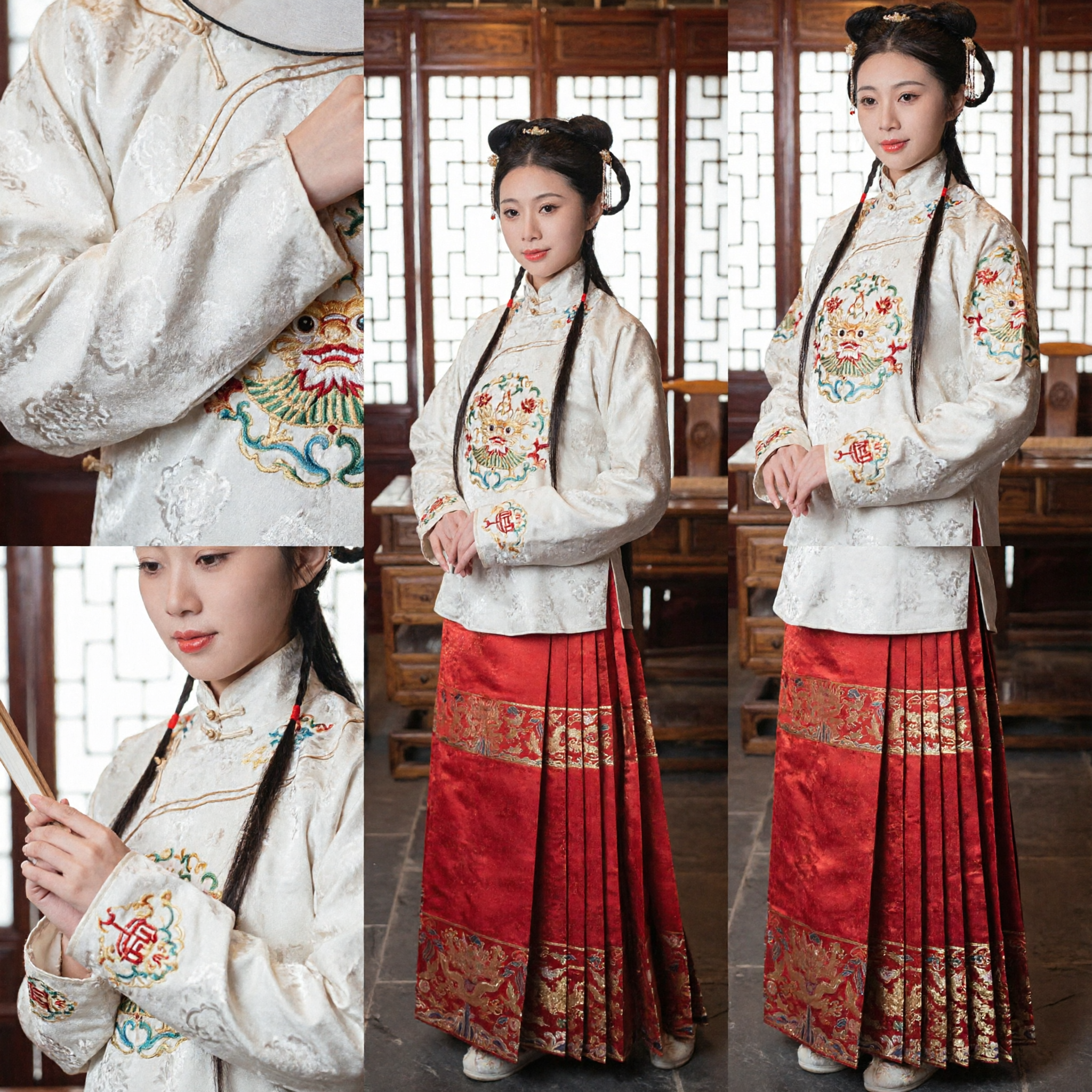 Traditional Chinese Ming Dynasty Hanfu Costume for Women White Jacket Red Embroidered Mamianqun Skirt Set - Asian Costume