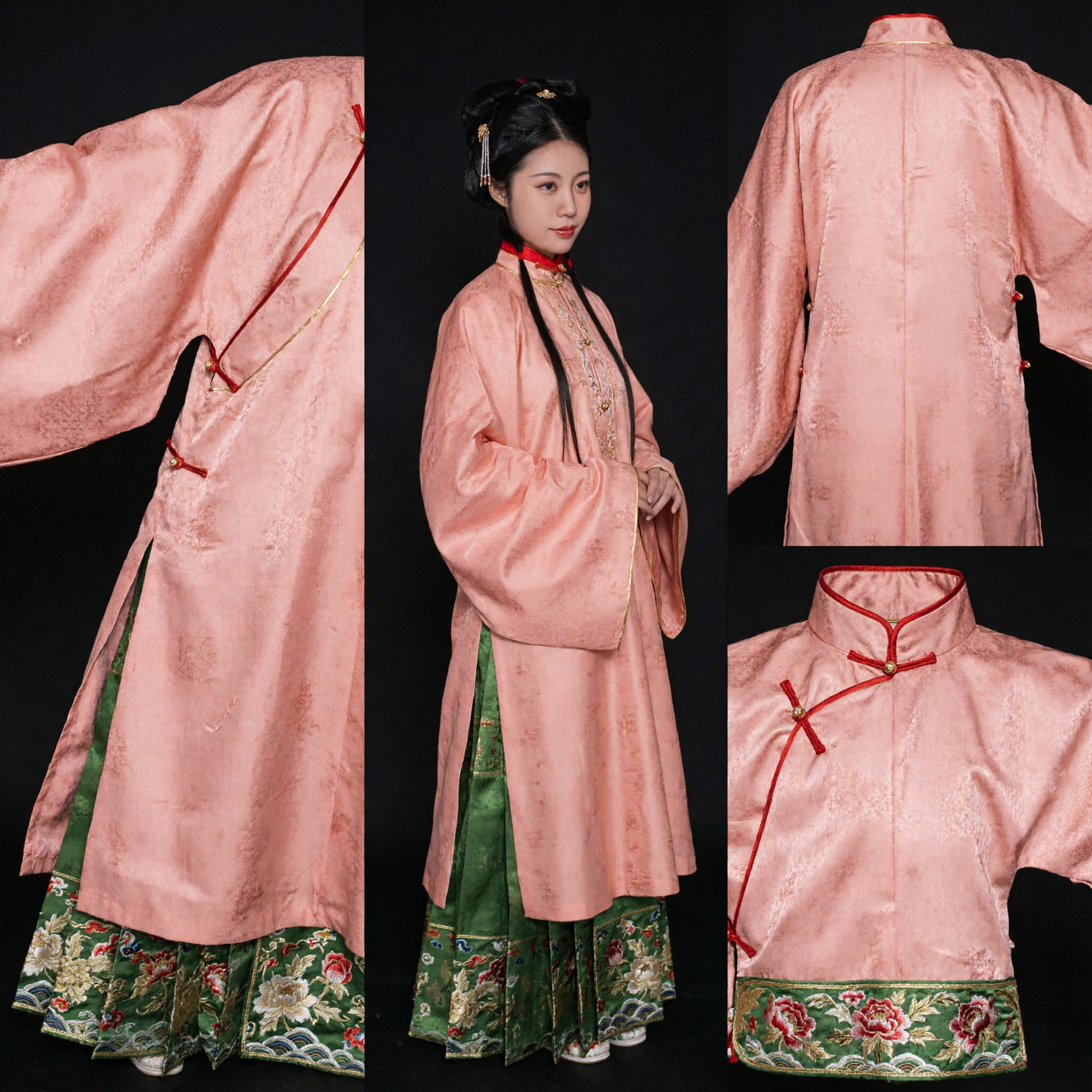 Traditional Chinese Ming Dynasty Hanfu Costume for Women Peach Pink Long Jacket and Green Pleated Skirt Set - Asian Costume