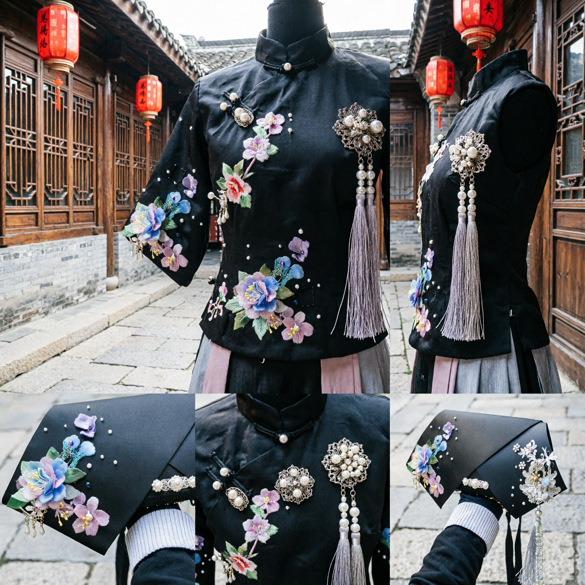 Tradycyjne chińskie nakrycie głowy mandżurskiej księżniczki z dynastii Qing, czarna kwiatowa szpilka do włosów z perłami, akcesorium do kostiumów cosplay - Asian Costume