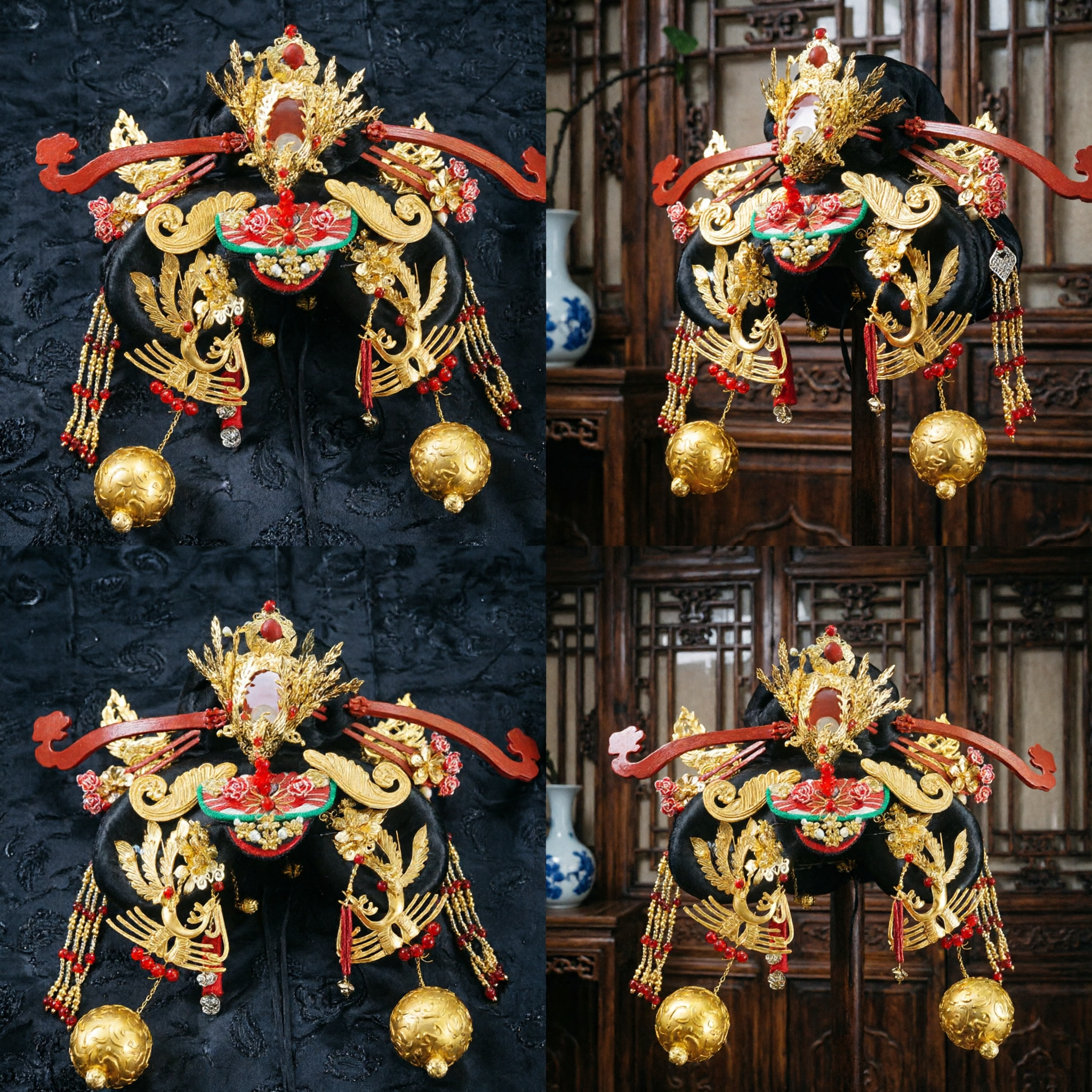 Coroa de Fênix Dourada e Vermelha para Noiva Tradicional Chinesa, Headdress Hanfu, Acessórios de Cabelo para Cosplay e Performance - Asian Costume