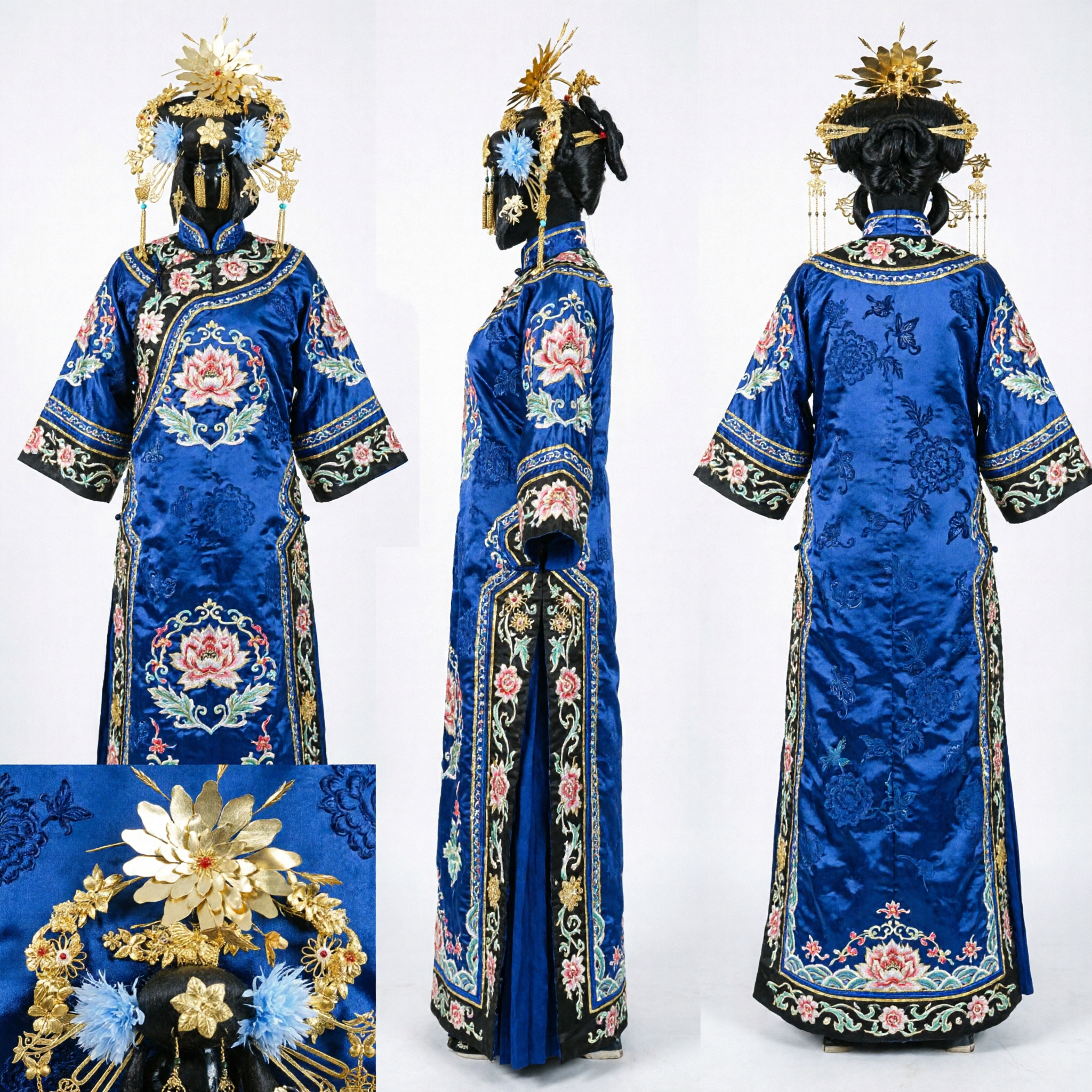 Accesorios para el Cabello Hanfu Tradicionales Chinos, Tocado con Flor Dorada y Pluma Azul para Traje de Princesa, Reina o Boda Antigua - Asian Costume