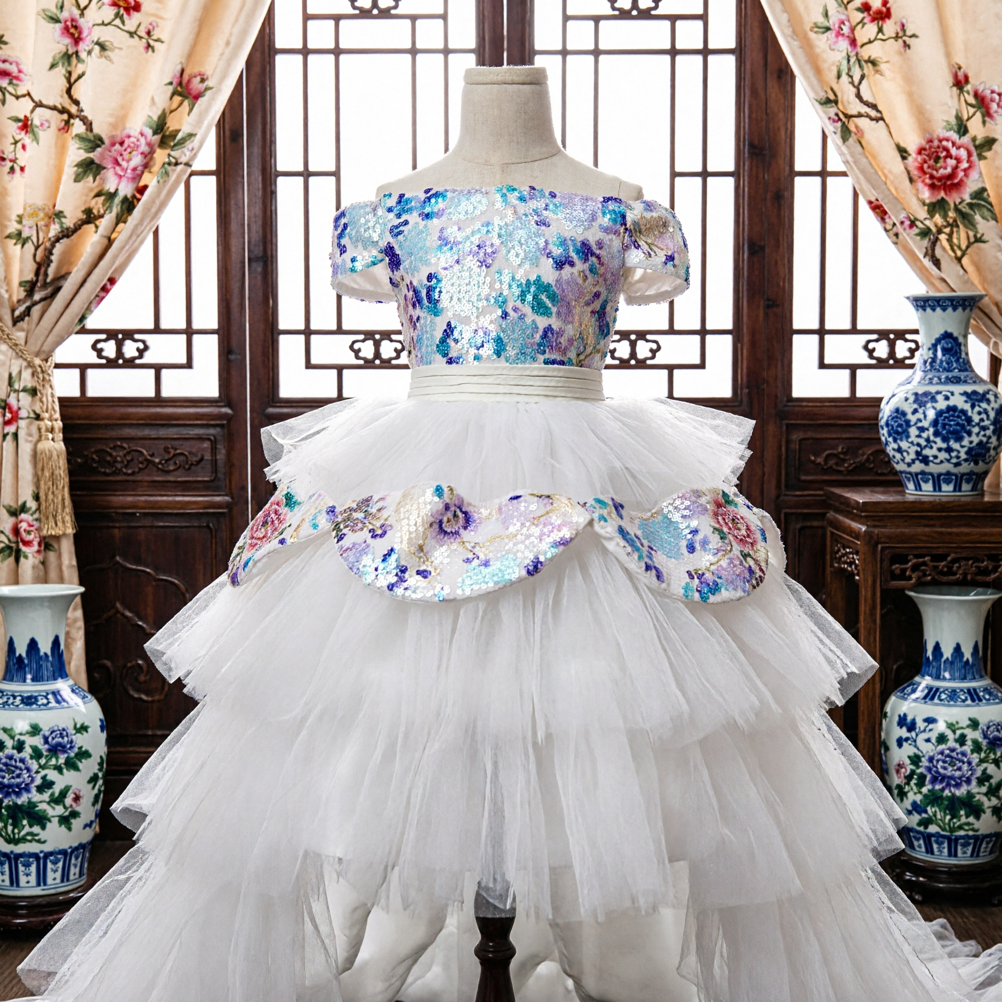 Vestido Blanco de Tul para Niña de las Flores, Corpiño Azul con Lentejuelas y Hombros Descubiertos, Vestido de Princesa para Desfiles Nupciales - Asian Costume