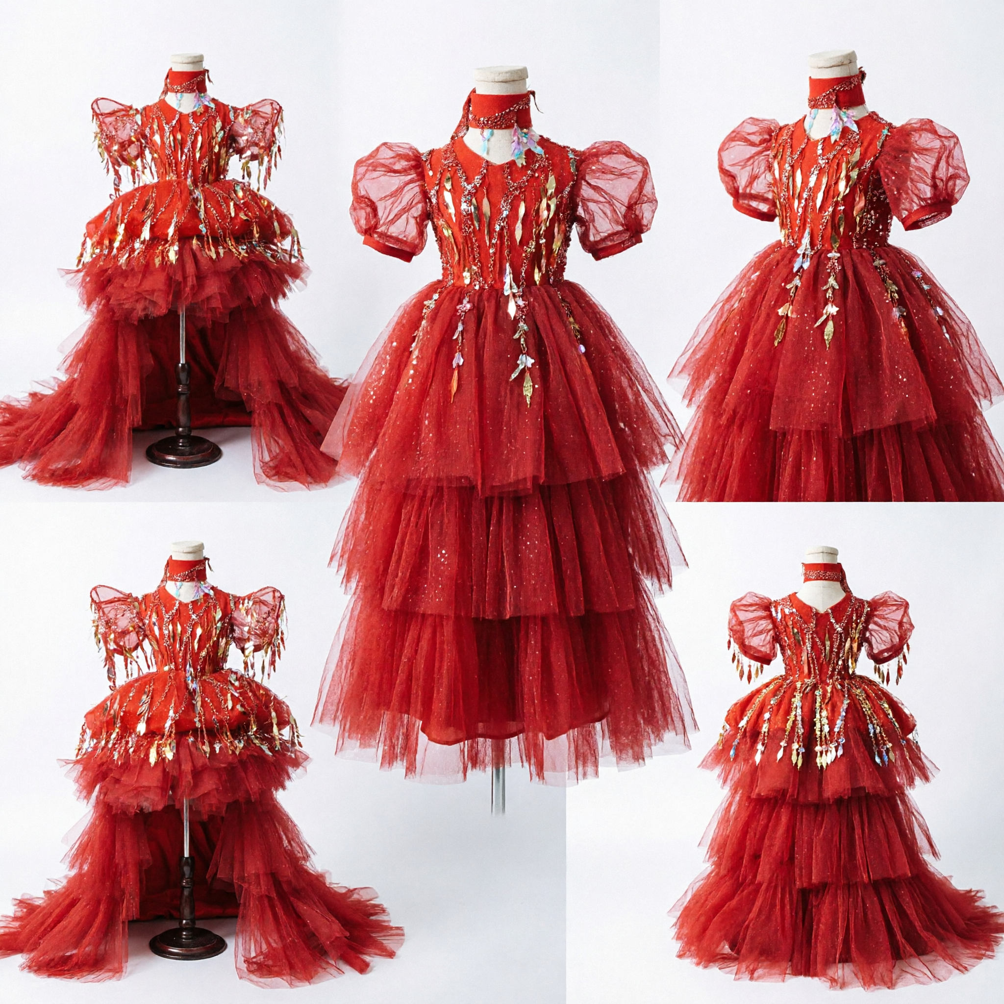 Traje Tradicional de Baile Rojo Vibrante para Niñas, con Lentejuelas y Tul para Presentaciones en Escenario - Asian Costume