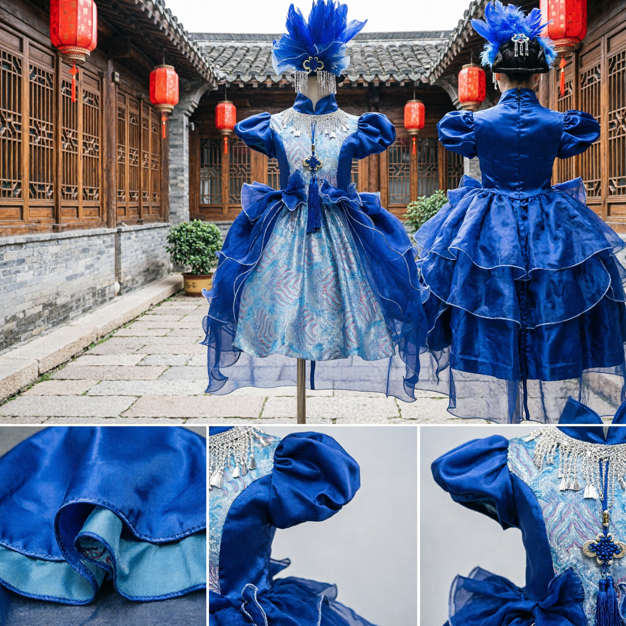 Robe de spectacle traditionnelle chinoise bleu royal avec coiffe à plumes pour femmes, pour spectacles de danse et de chant - Asian Costume
