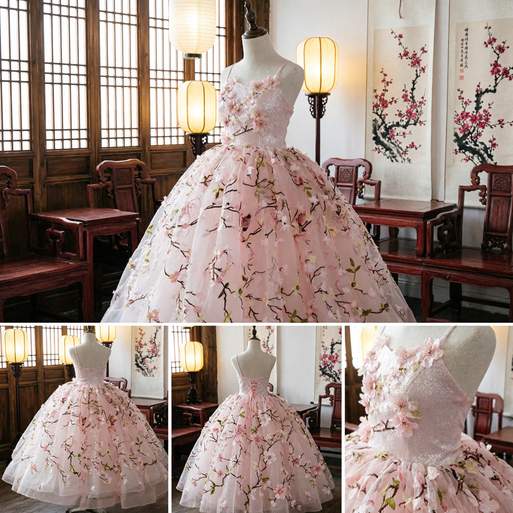 Pink Floral Embroidery Princess Ball Gown for Kids Flower Girl Wedding Party Pageant Tulle Dress - Asian Costume