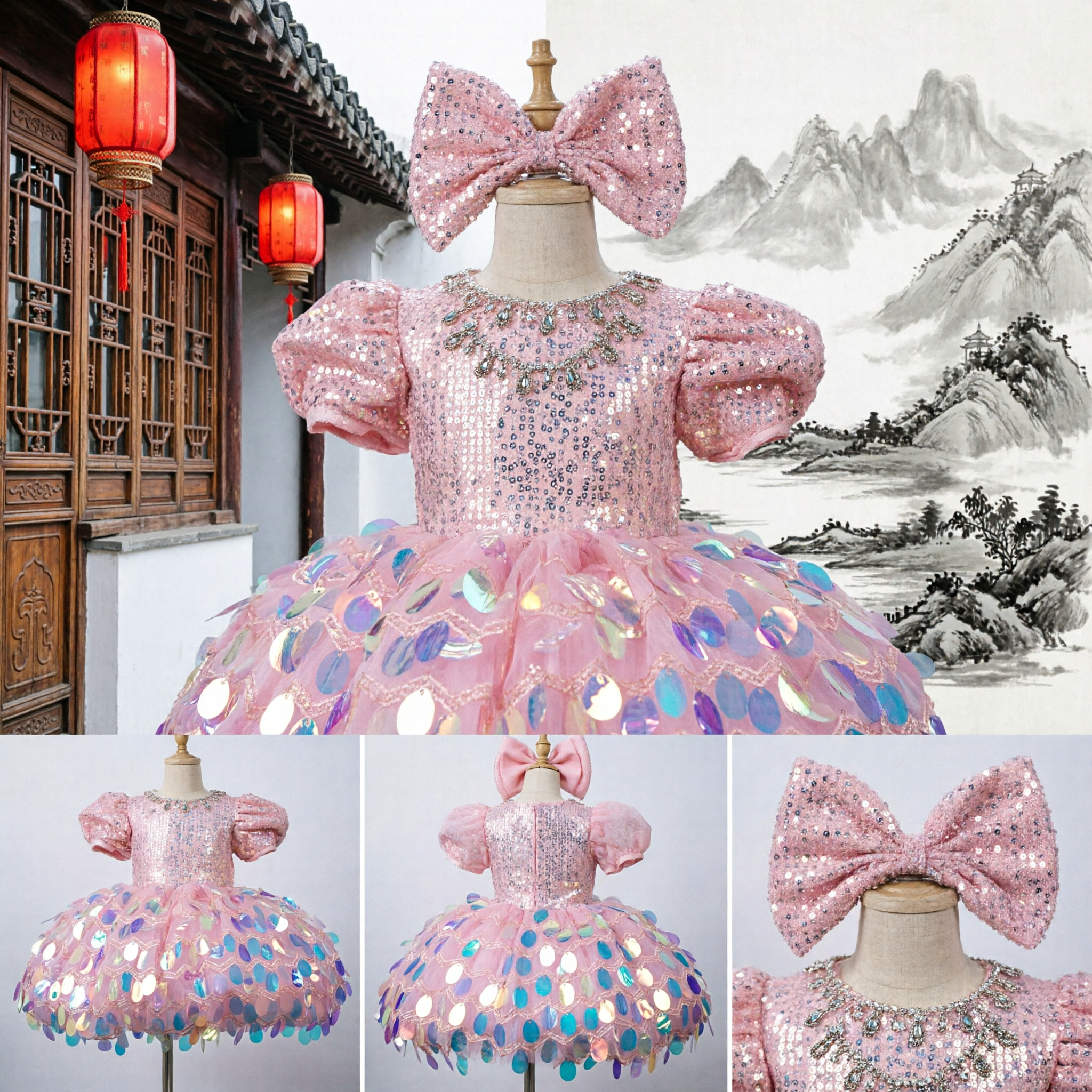 Vestido de Tutú Rosa con Lentejuelas y Mangas Abullonadas para Niñas, con Gran Diadema de Lazo para Presentaciones en Escenario - Asian Costume