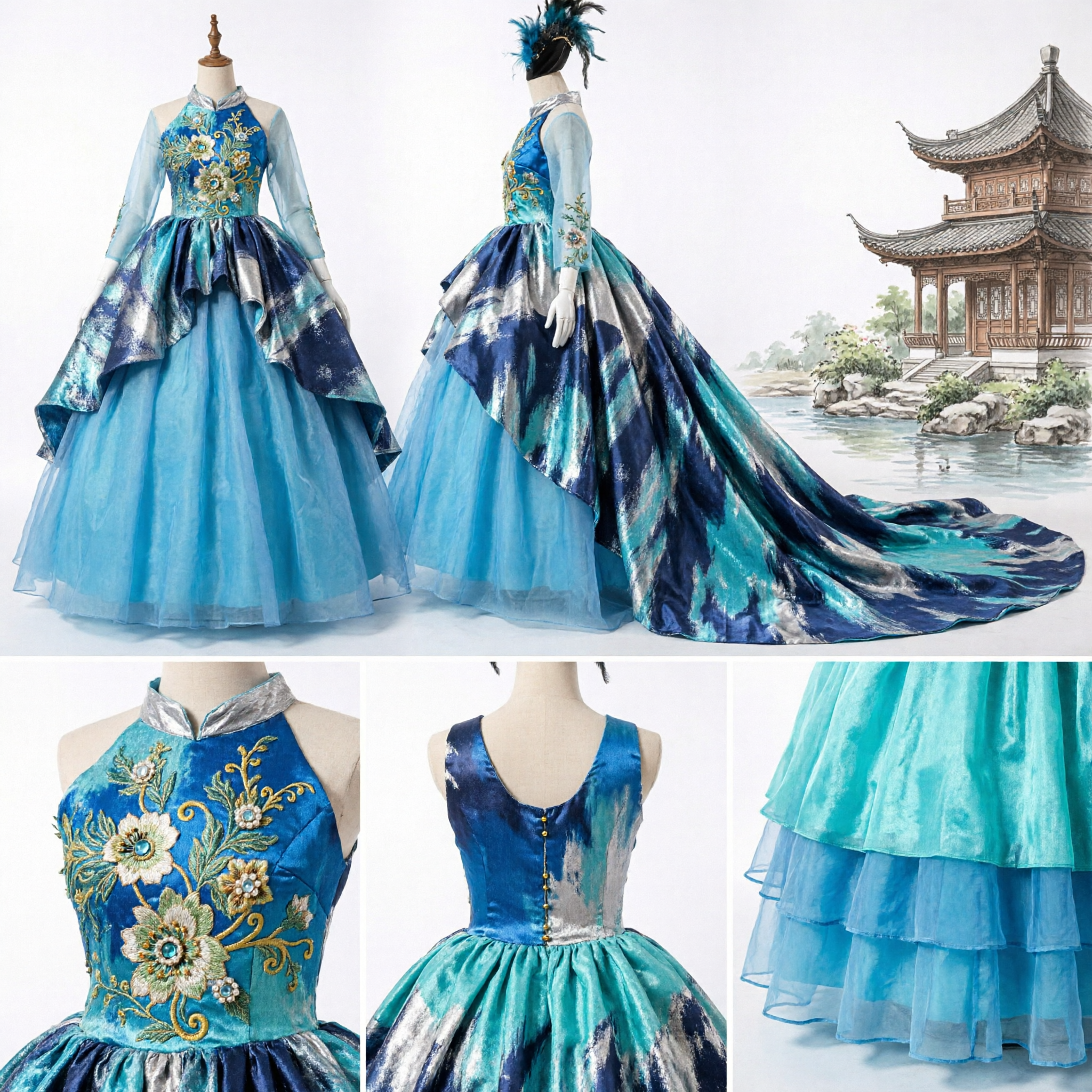 Robe de bal princesse traditionnelle chinoise bleue pour filles, costume de spectacle sur scène, robe de demoiselle d'honneur pour mariage - Asian Costume