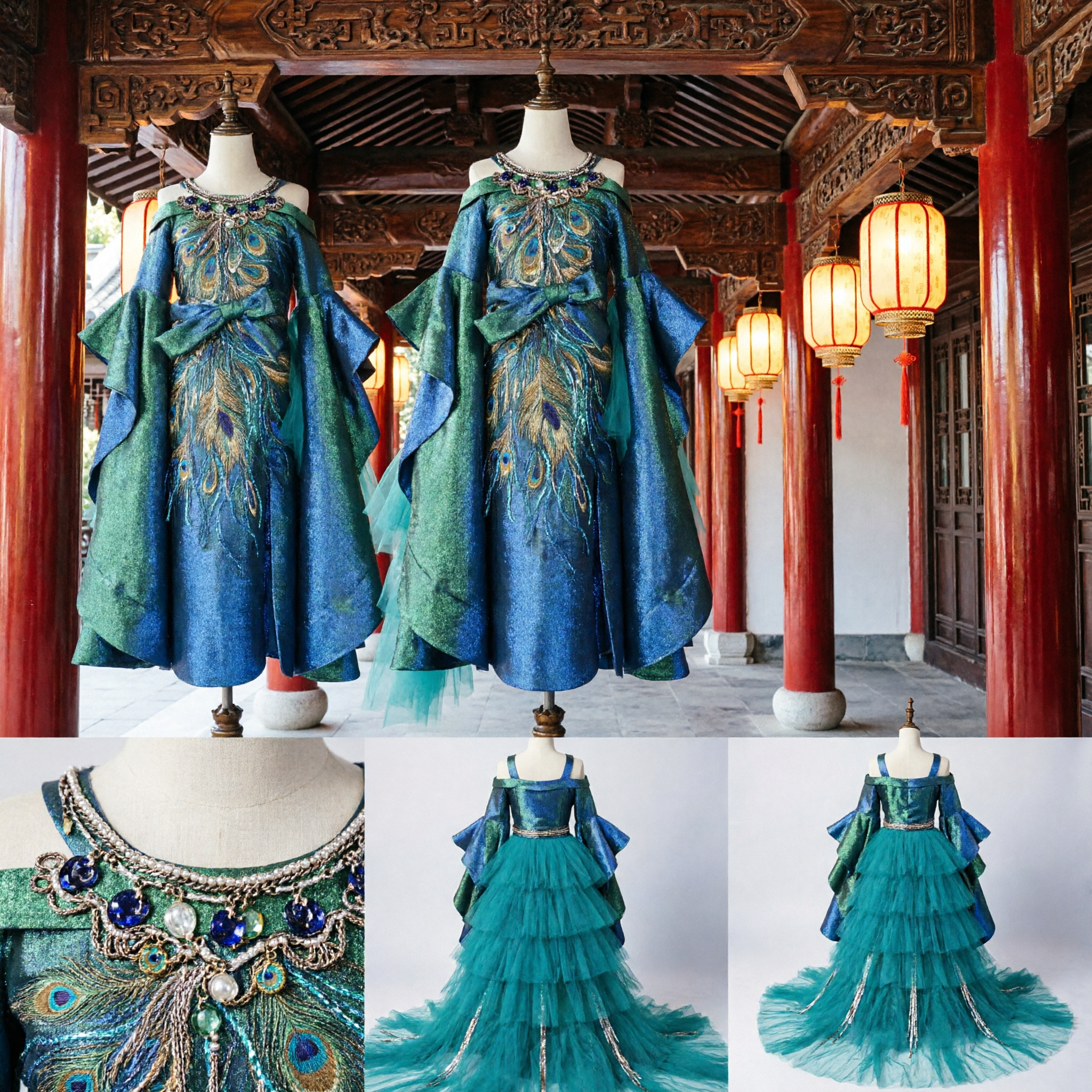 Traje de Danza del Pavo Real Tradicional Chino para Mujeres, Vestido para Presentaciones en Escenario Azul Verde con Plumas y Tocado - Asian Costume