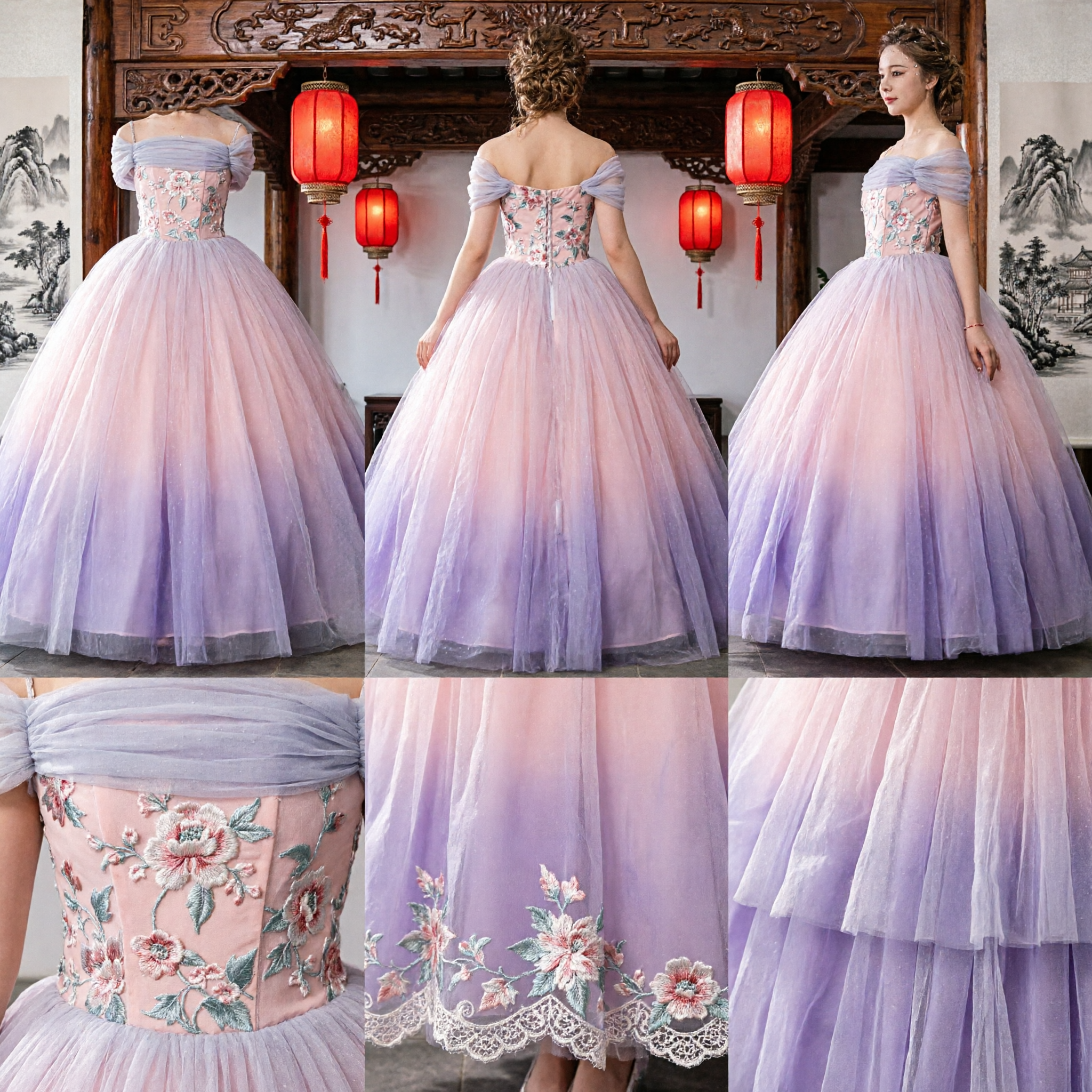 Elegancka pastelowa balowa suknia z tiulu poza ramiączkami z lamówką z koronki kwiatowej dla dziewczynek flower girl na wesele i przyjęcie - Asian Costume