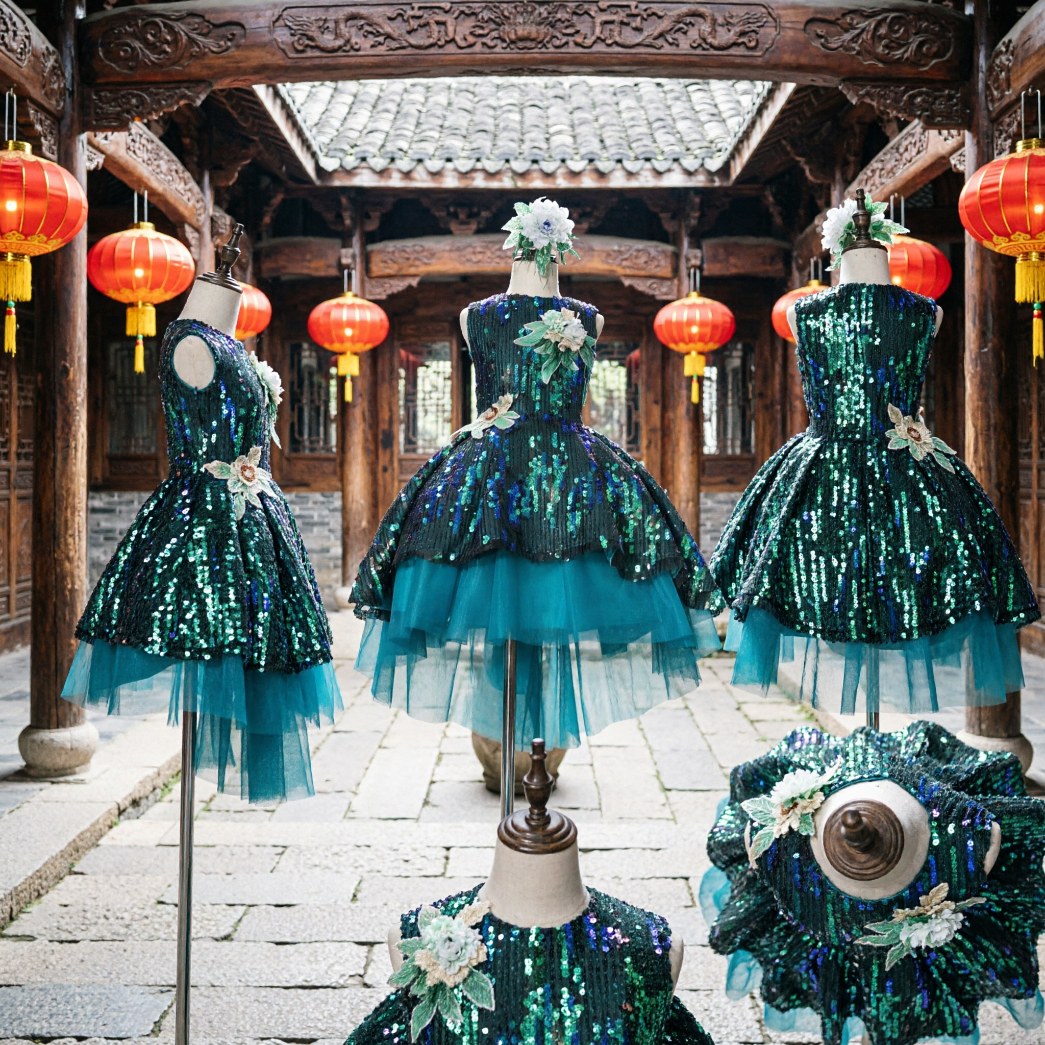 키즈 여아용 그린 시퀸 라틴 댄스 드레스 (볼룸 대회 의상, 공작 테마 무대 공연 복장) - Asian Costume