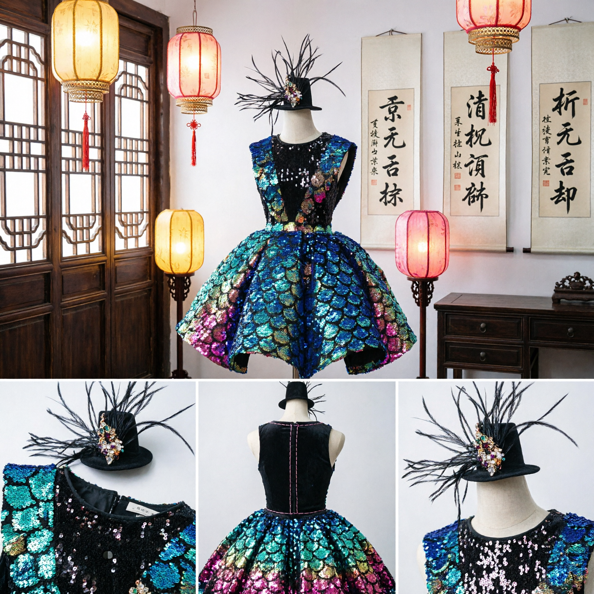 Women's Peacock Sequin Cabaret Costume Short Dress for Stage Dance Performance Burlesque Showgirl Outfit with Hat - Asian Costume