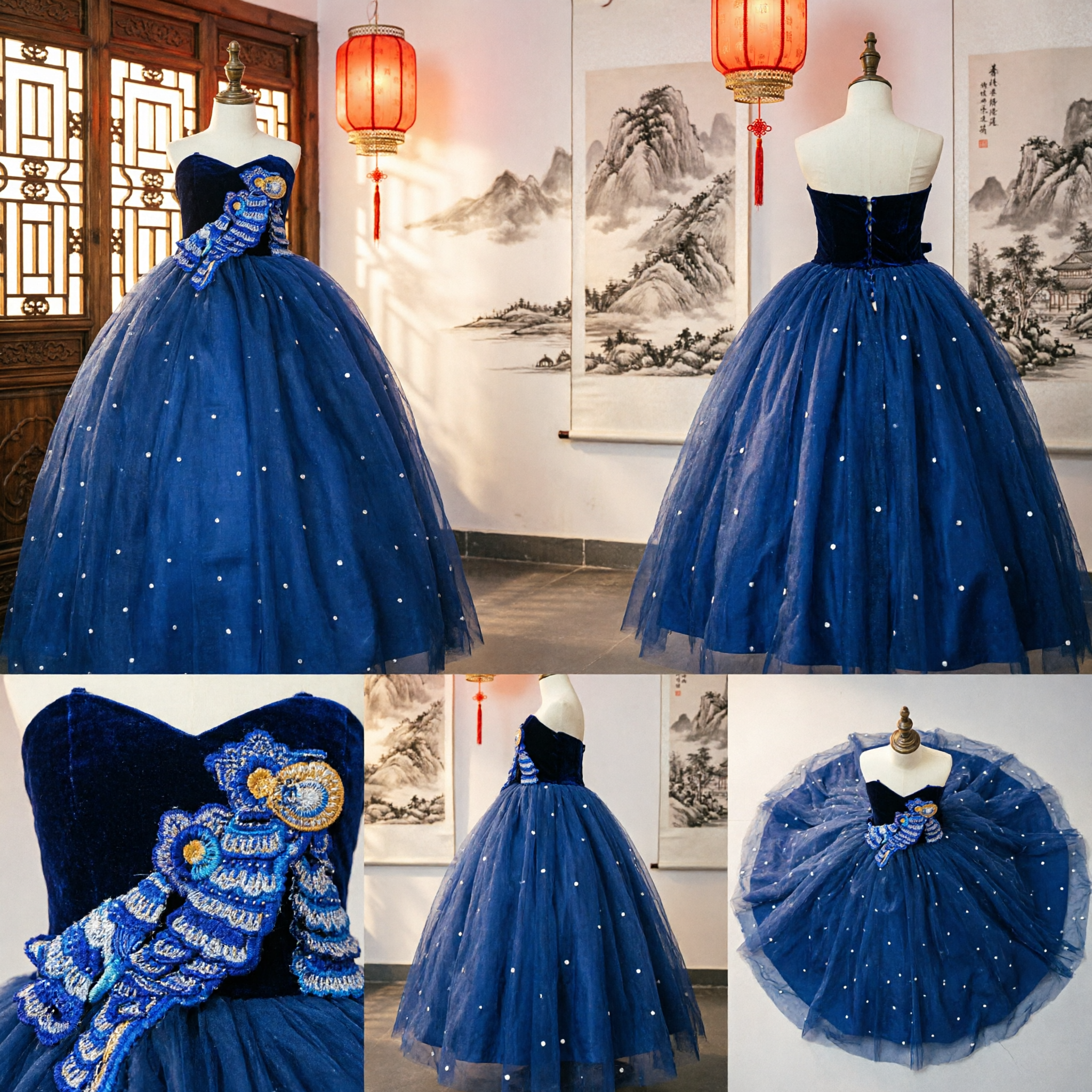 Koninklijk Blauwe Schouderloze Baljurk met Parelaccenten voor Quinceañera Schoonheidswedstrijd Podiumoptreden Kostuum - Asian Costume