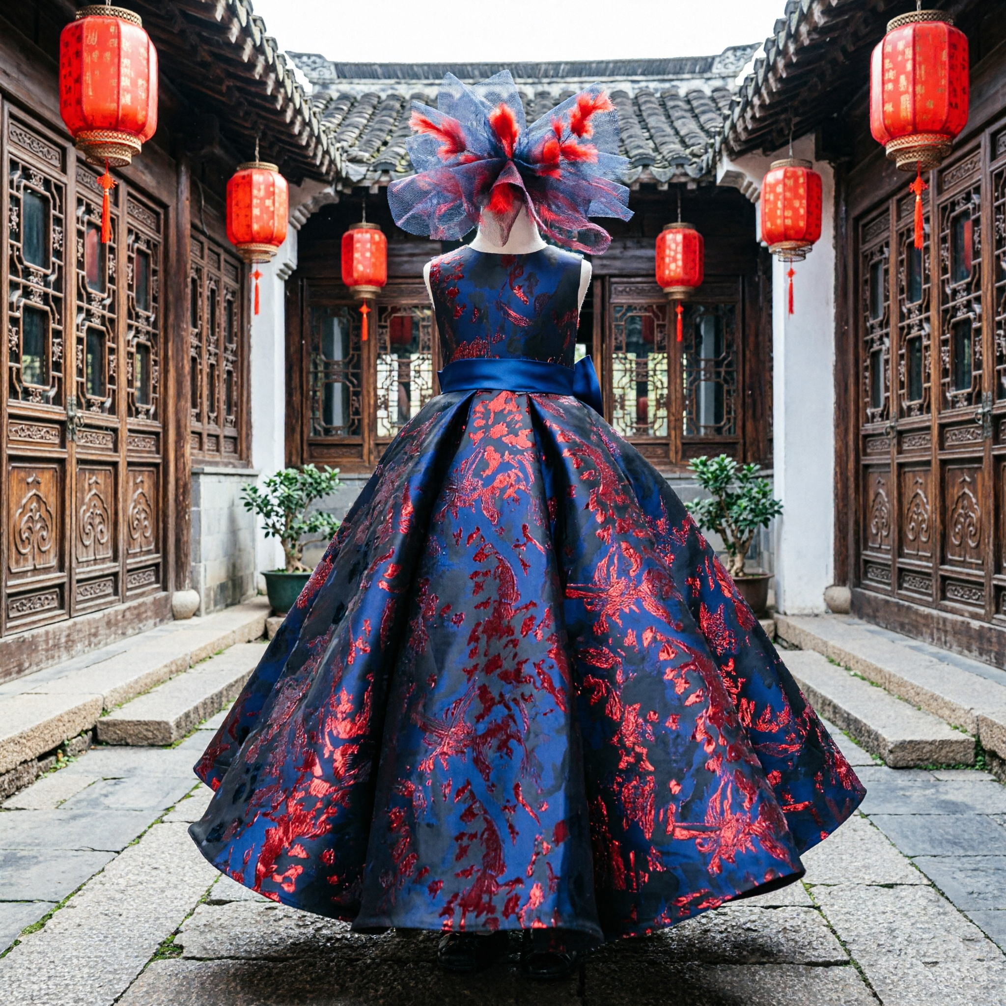 キッズガールズネイビーブルー・赤ジャカードバルガウン フォーマルフラワーガール・ページェント・ウェディングパーティードレス - Asian Costume