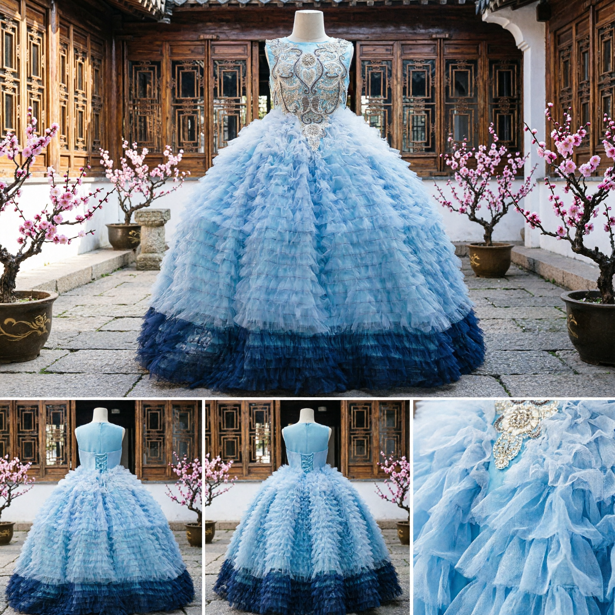 Vestido de Baile Ombre Azul com Babados para Meninas Vestido de Daminha de Honra com Corpete Bordado e Saia de Tule - Asian Costume