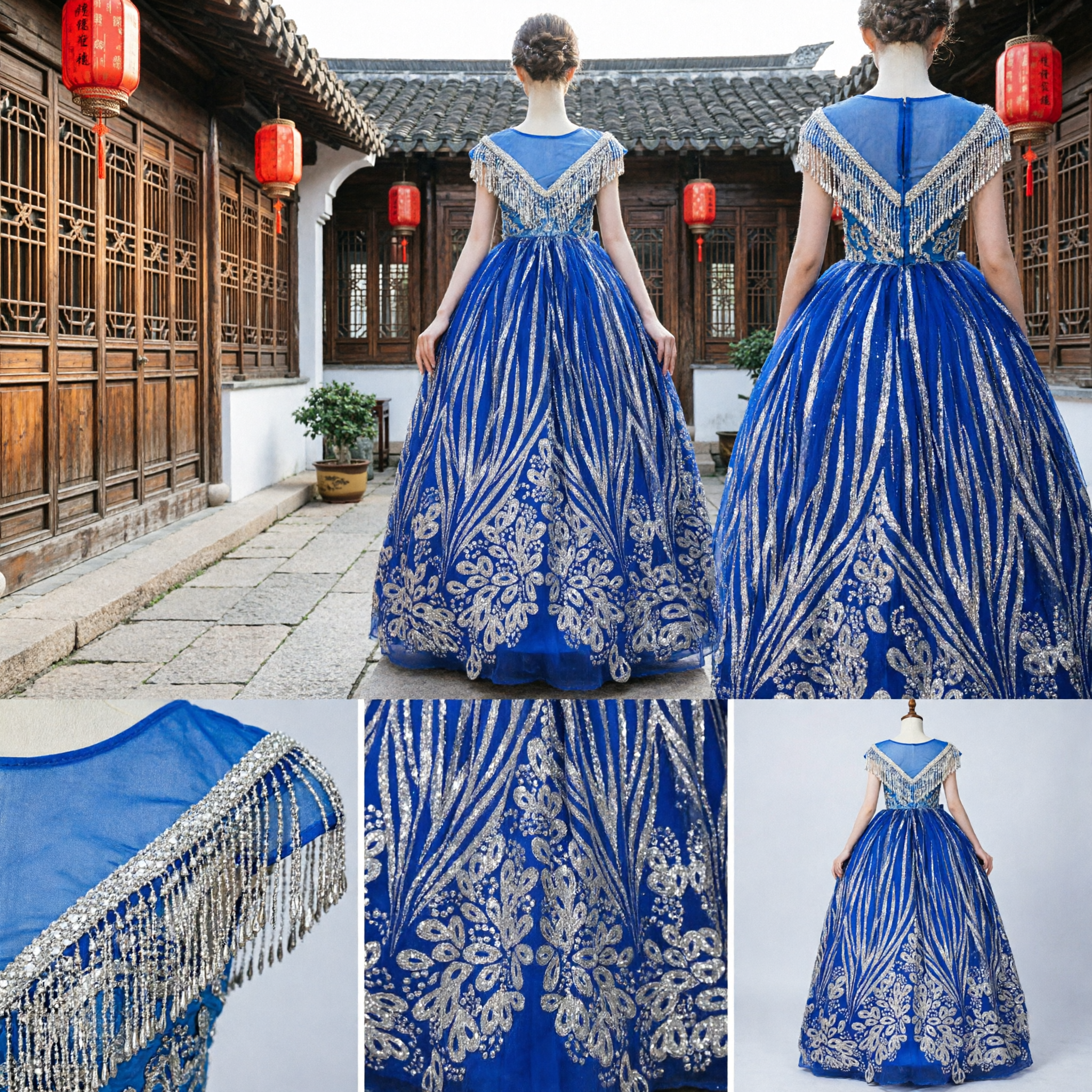 Abito da Ballo Blu Reale da Sera con Frange di Paillettes Argento e Ricami Floreali, per Concorsi ed Eventi Formali - Asian Costume