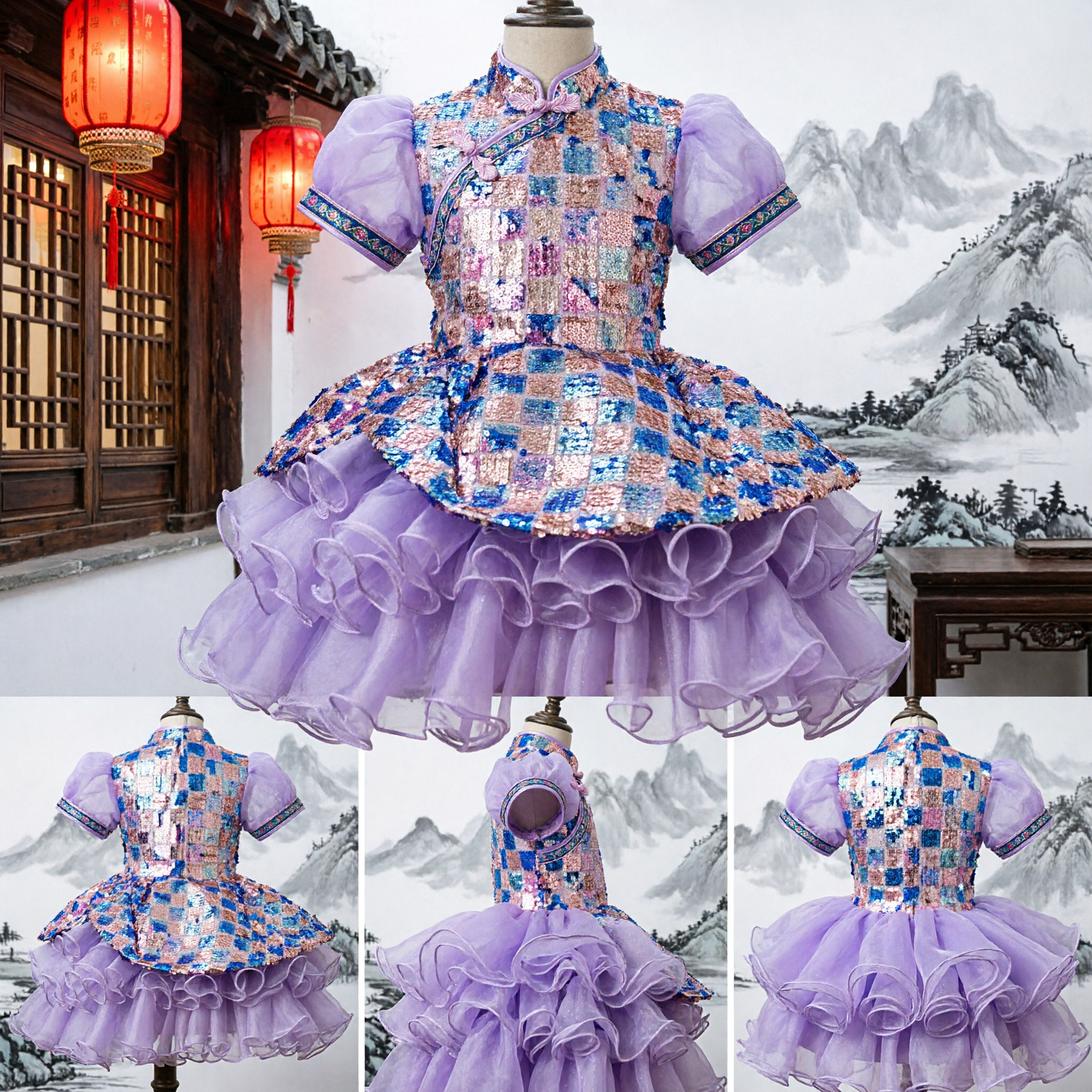 Robe Cheongsam à paillettes à carreaux pour filles, jupe tutu froncée violette, costume de danse traditionnelle - Asian Costume