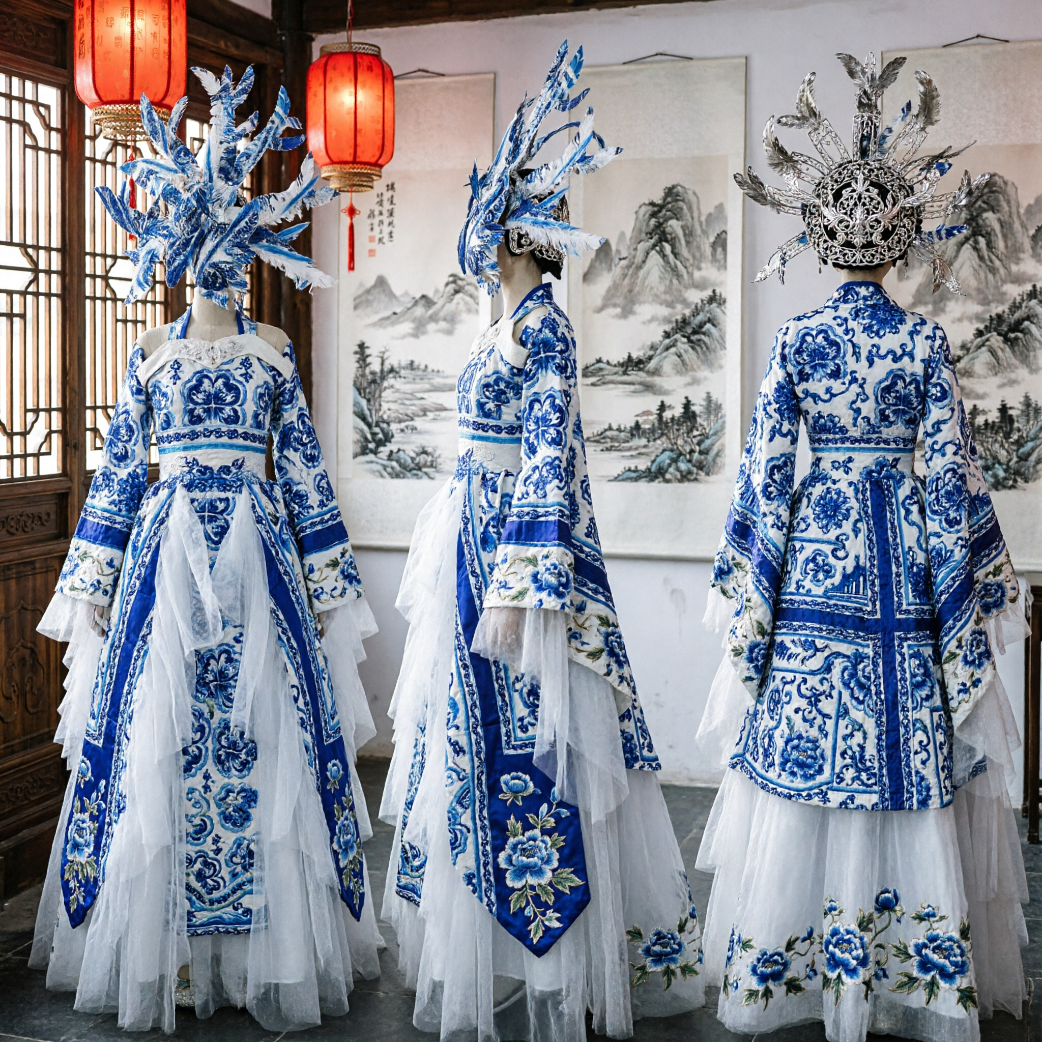 Elegantes blau-weißes Porzellan traditionelles chinesisches Bühnenauftrittskostüm Cosplay-Kleid mit aufwendigem Kopfschmuck - Asian Costume